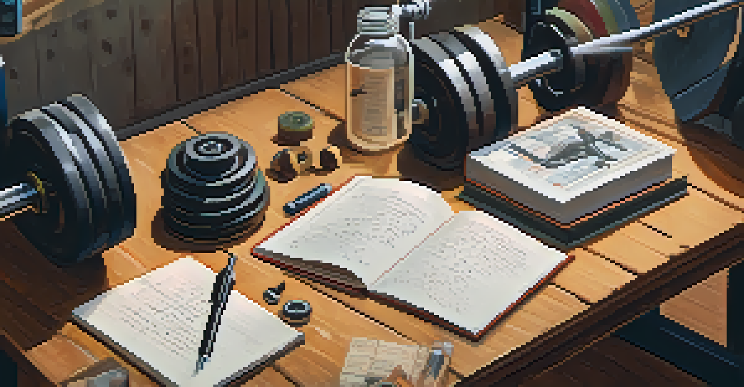 A powerlifter journaling at a table, with weights and gear around, reflecting on their lifting experiences.