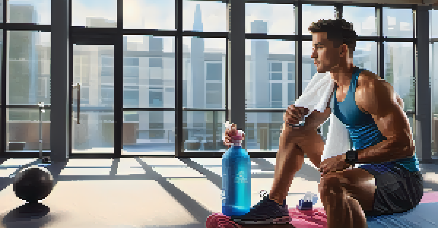 An athlete drinking water in a modern gym, preparing for a workout with sunlight streaming in.
