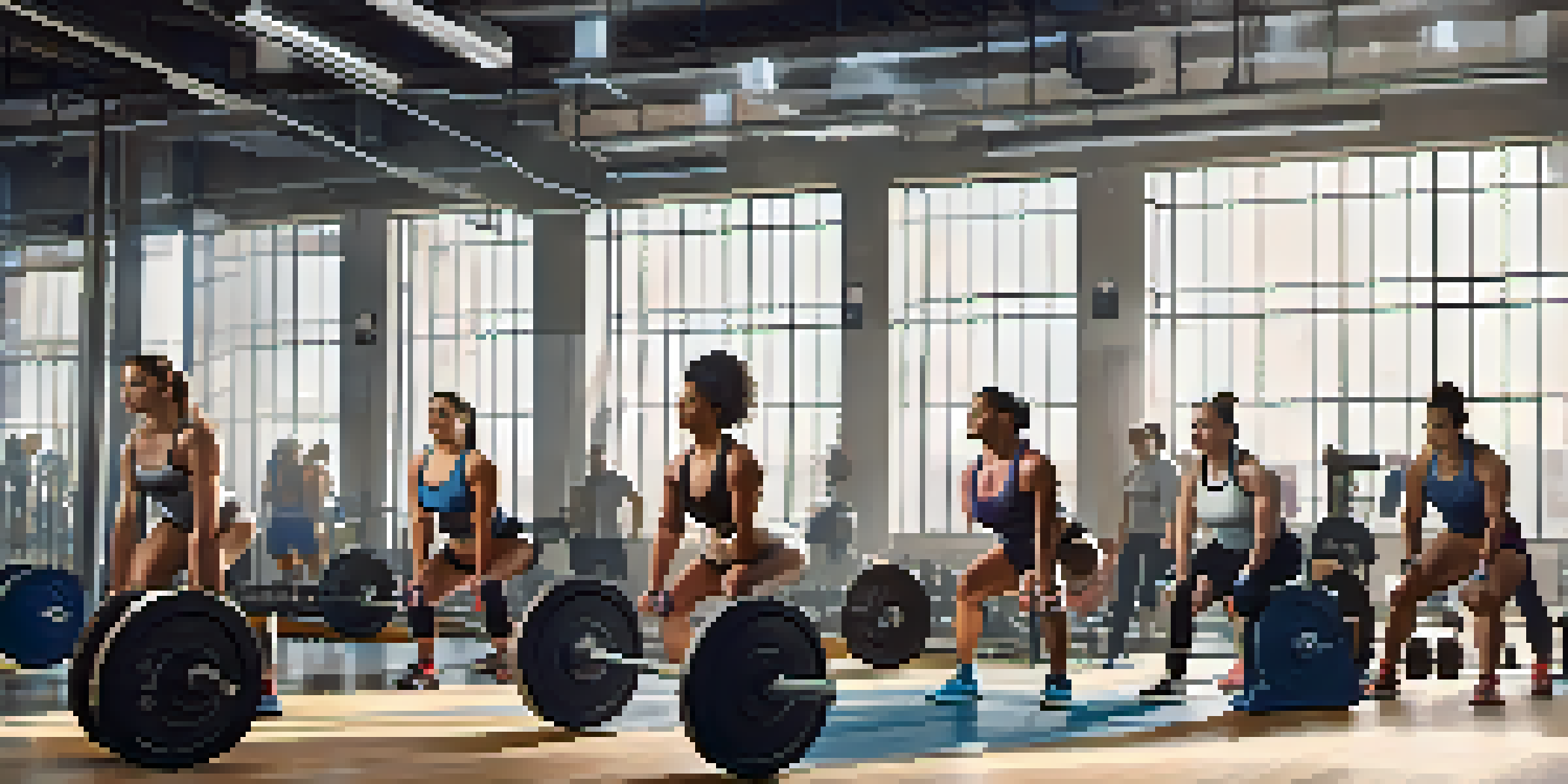 A diverse group of women lifting weights in a modern gym, showcasing their strength and determination.