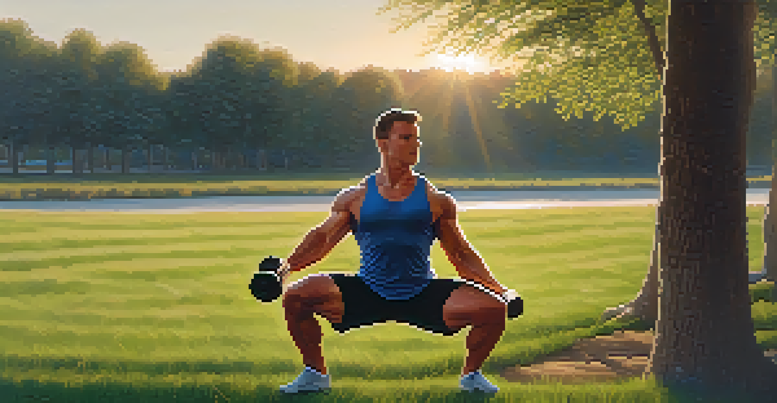 A powerlifter warms up outdoors at sunset, surrounded by nature and a peaceful atmosphere.