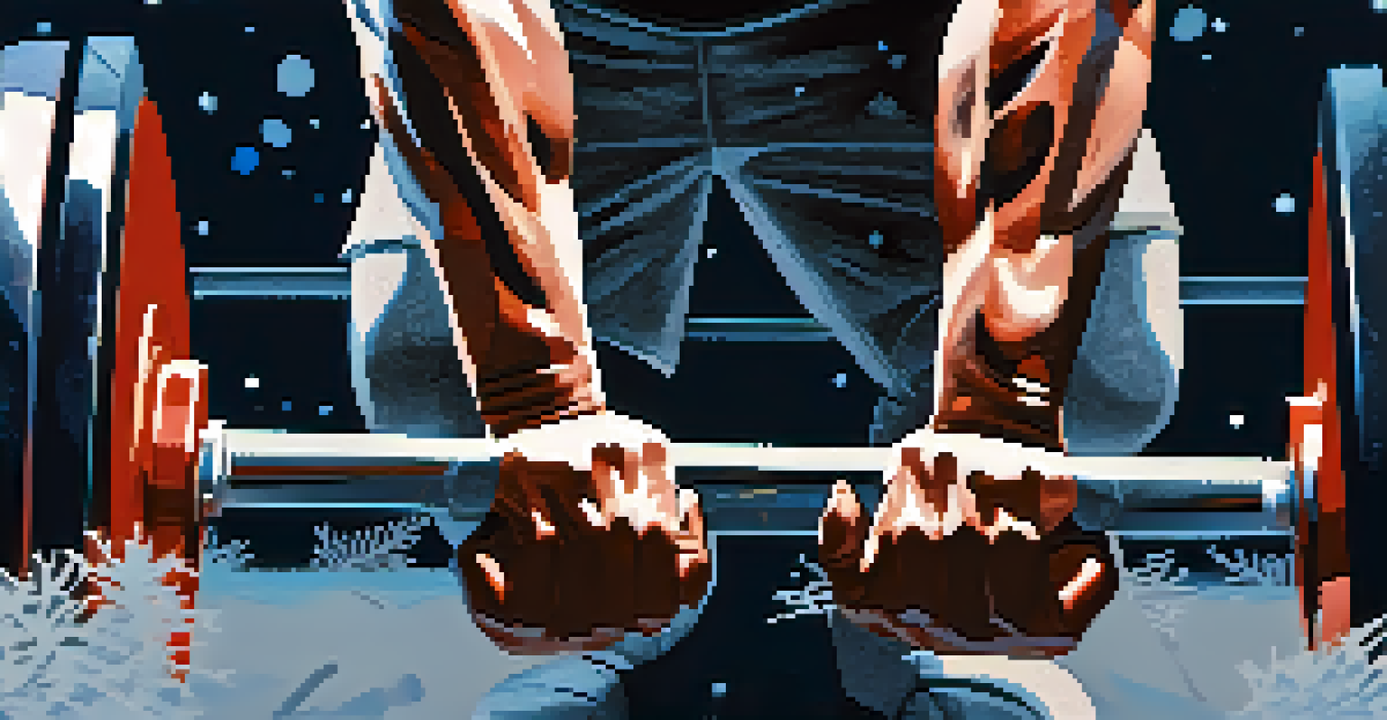 Close-up of a powerlifter's hands gripping a barbell with frost, displaying strength and determination.