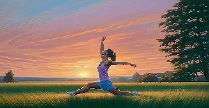 A young woman stretching on a grassy field during sunset, with a warm orange and pink sky in the background.