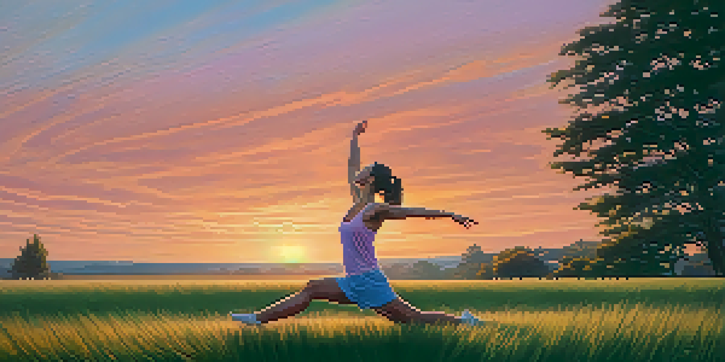 A young woman stretching on a grassy field during sunset, with a warm orange and pink sky in the background.