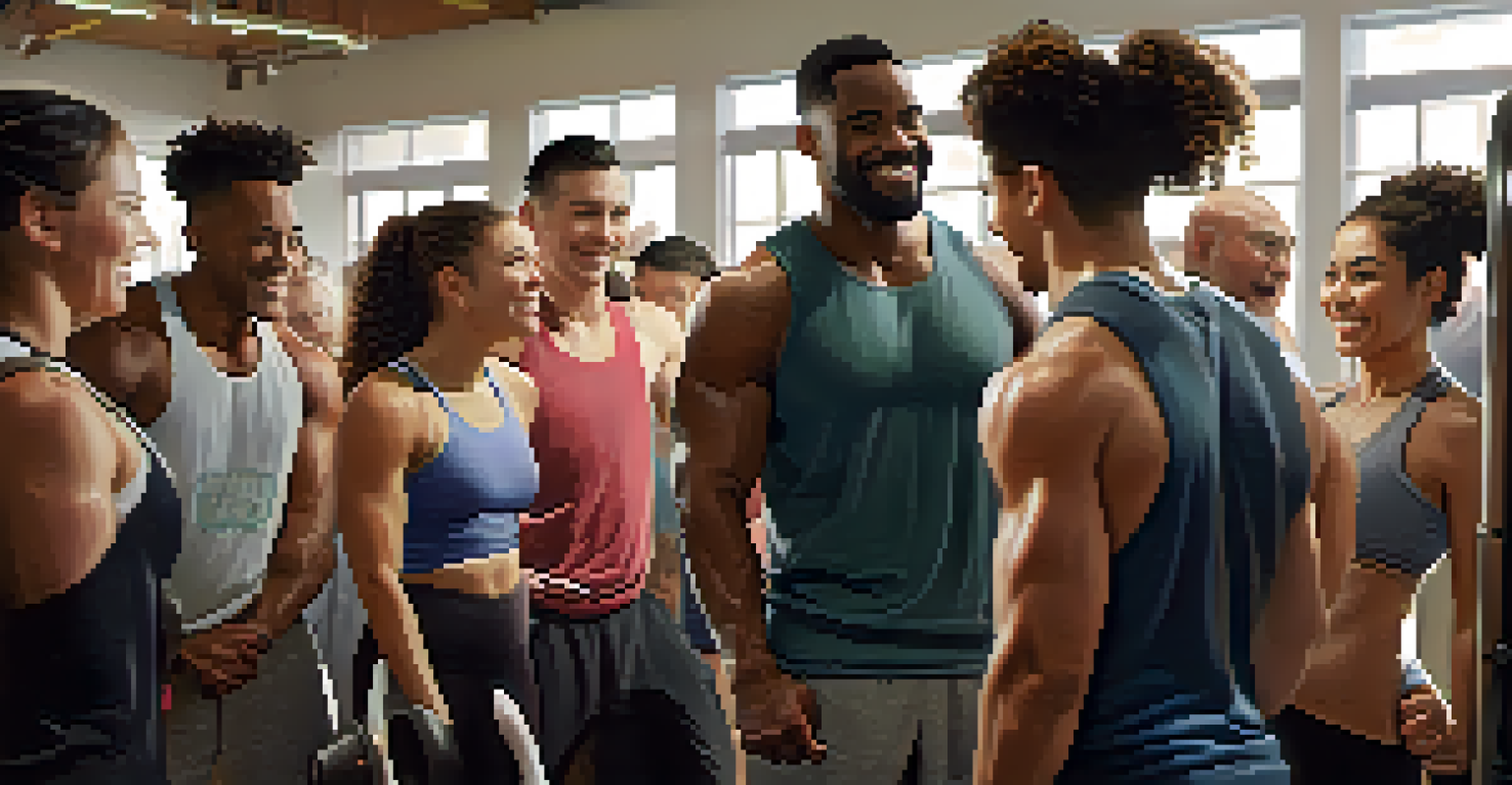 A diverse group of lifters in a gym, smiling and encouraging each other before a lift, creating a supportive atmosphere.