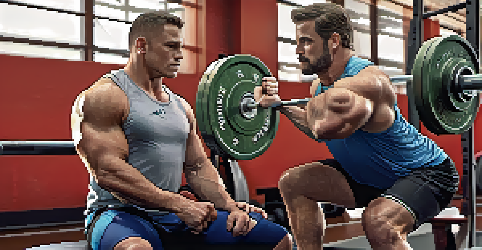 A coach encouraging a powerlifting athlete during training in a gym, with a focus on their supportive interaction.