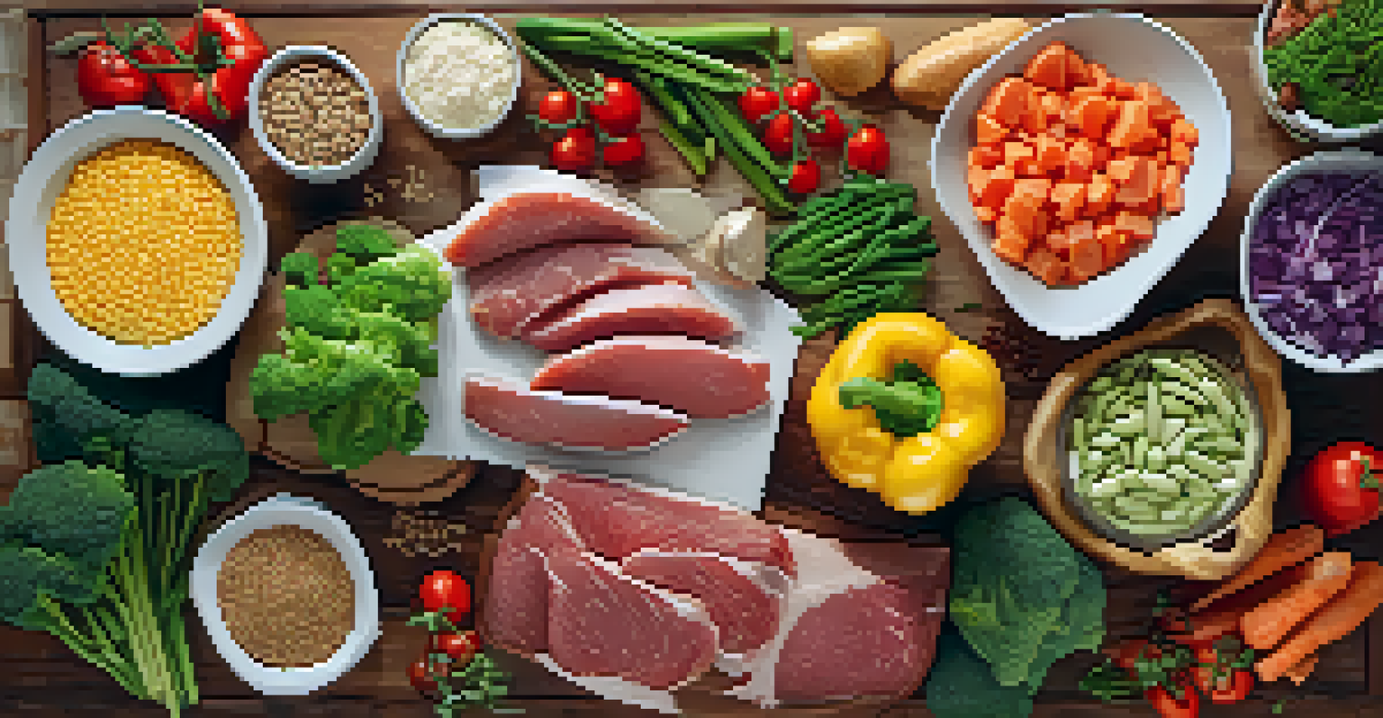A colorful assortment of nutritious foods including lean meats, vegetables, and whole grains, beautifully arranged on a wooden table.