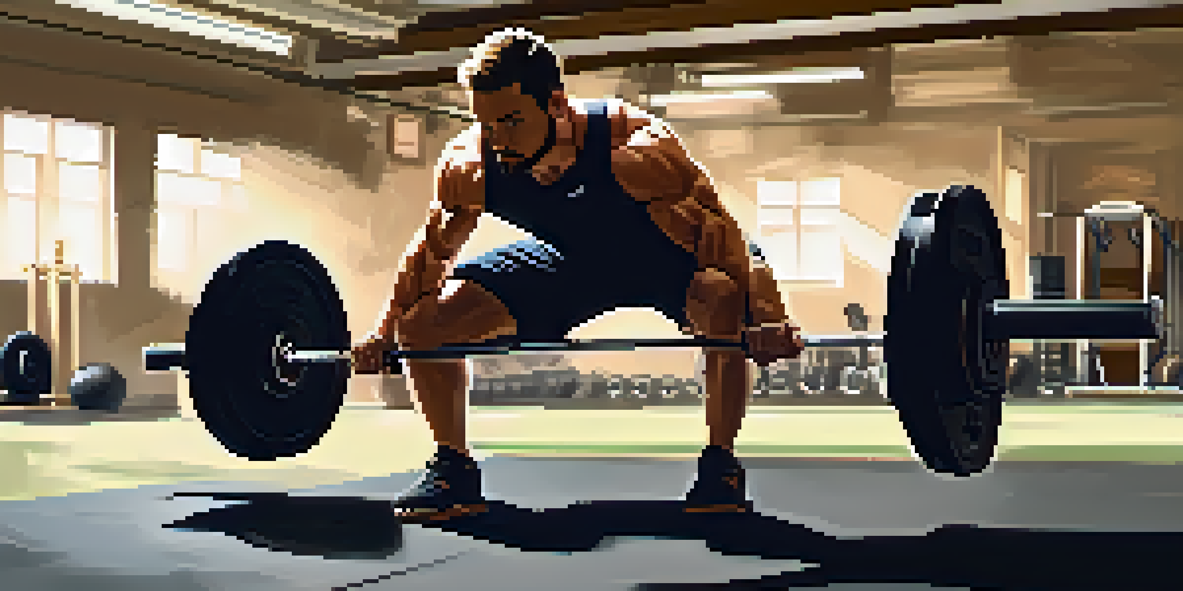 A powerlifter performing a squat with proper technique, demonstrating correct body alignment in a well-lit gym.