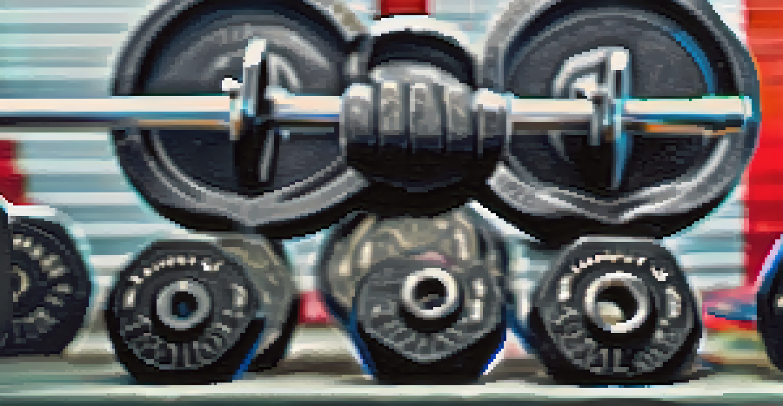 A close-up view of a powerlifting barbell on a bench, highlighting the detailed knurling and colorful weight plates.