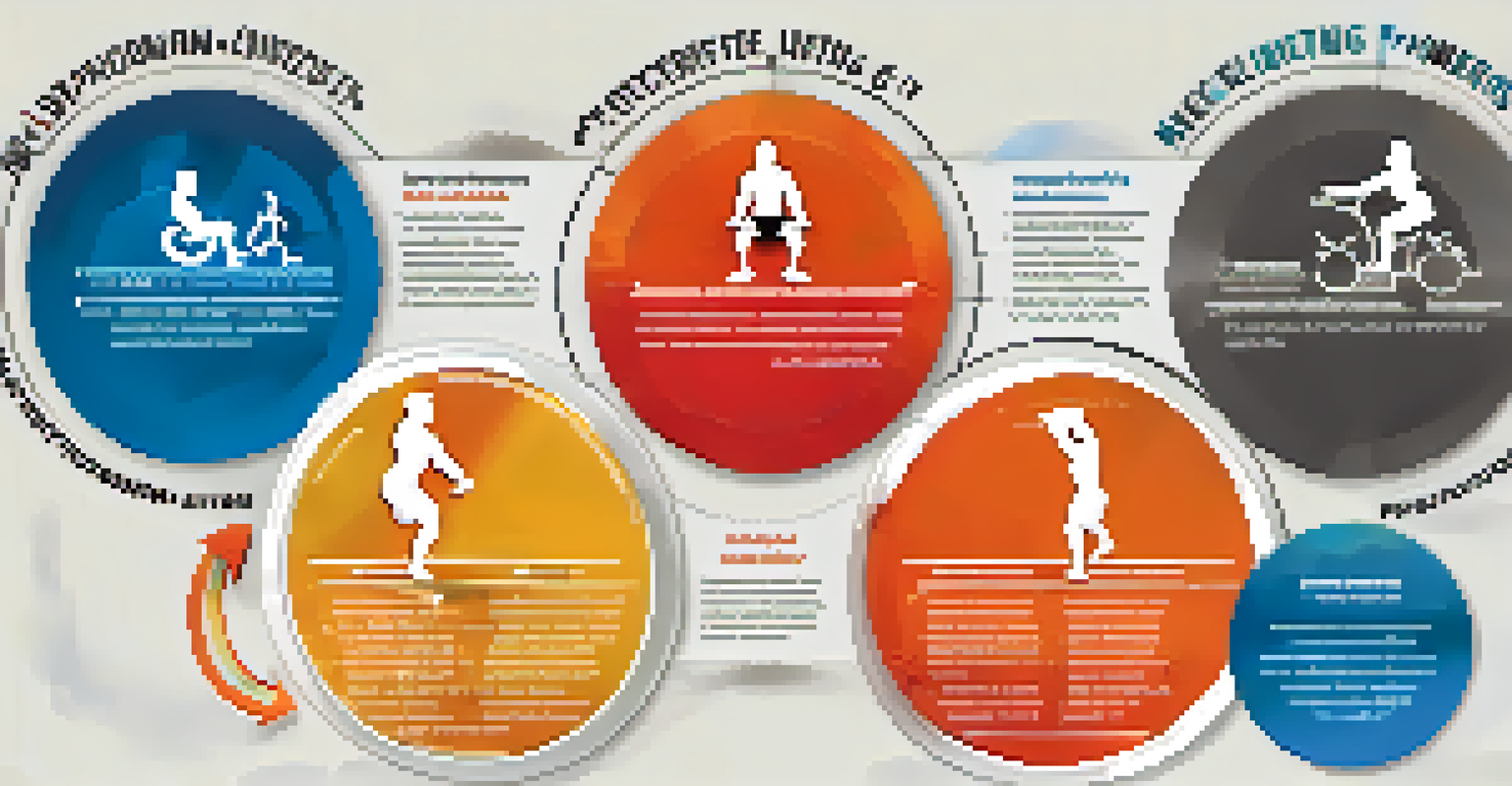 An infographic illustrating the three phases of periodization in powerlifting, with vibrant colors and clear labels.