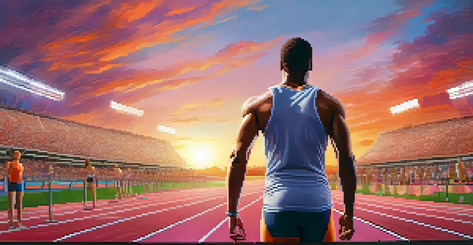An athlete at the starting line of a track, visualizing success with a stadium in the background during sunset.