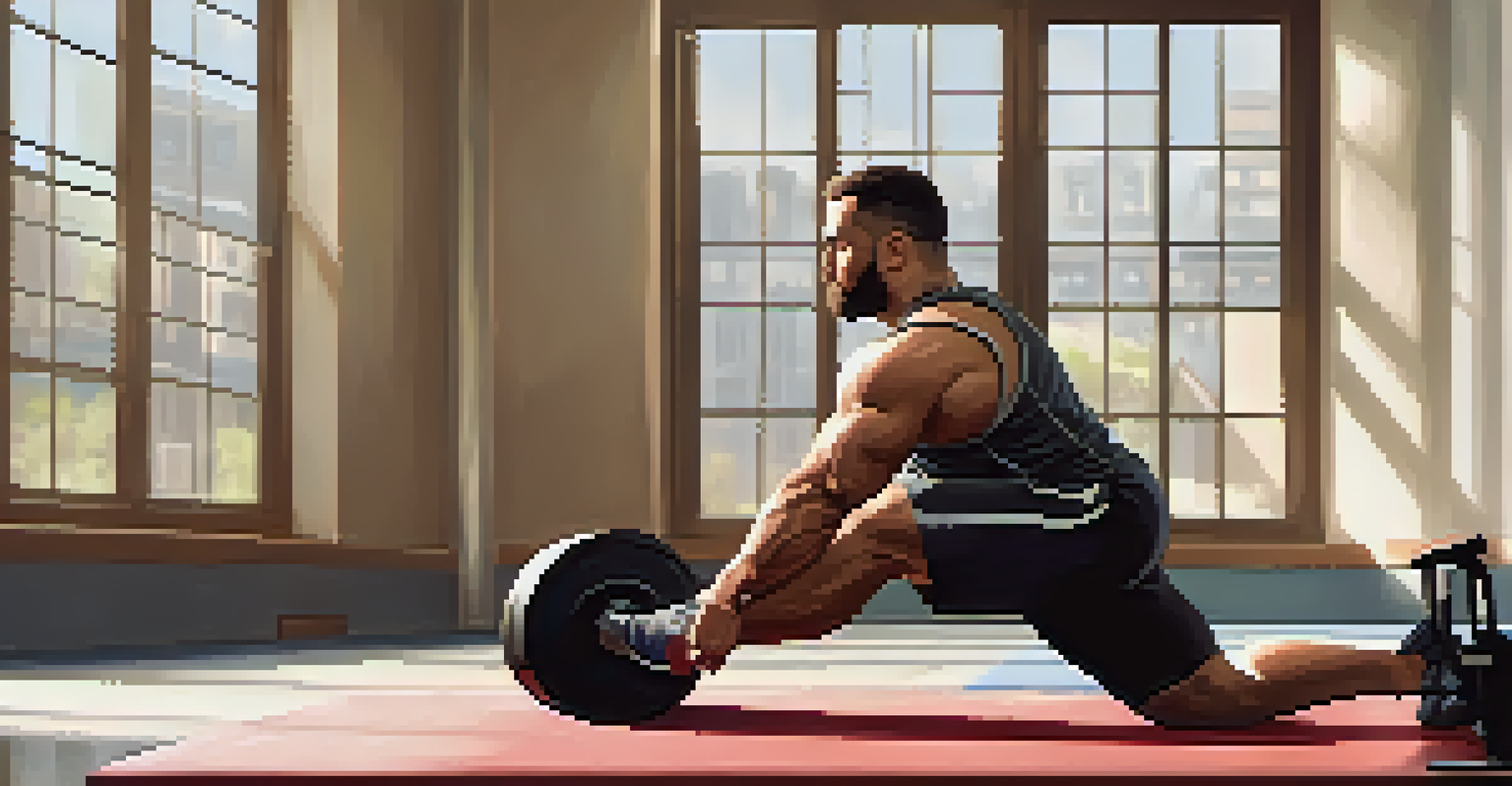 A powerlifter performing mobility exercises on a mat in a well-lit gym, emphasizing the importance of warm-up routines.