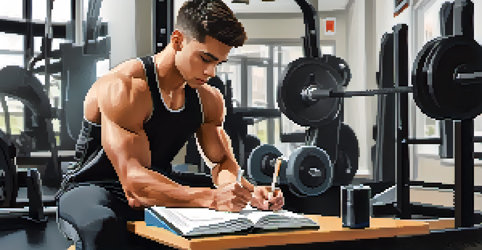 A young male athlete writing in a training journal after a workout in a gym.