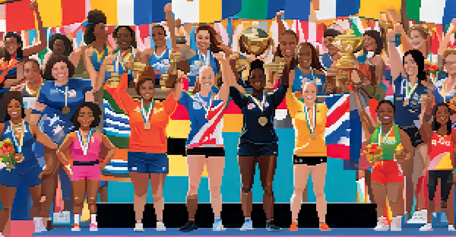 Diverse female powerlifters celebrating their achievements on a podium.
