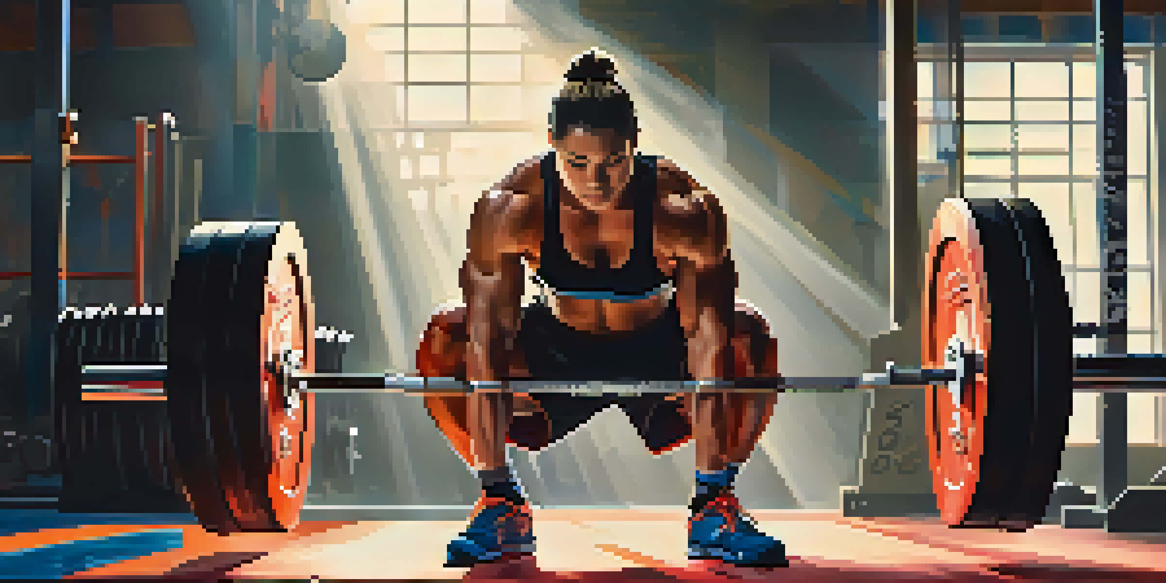 A focused powerlifting athlete getting ready to perform a squat lift in a gym, surrounded by weightlifting equipment.