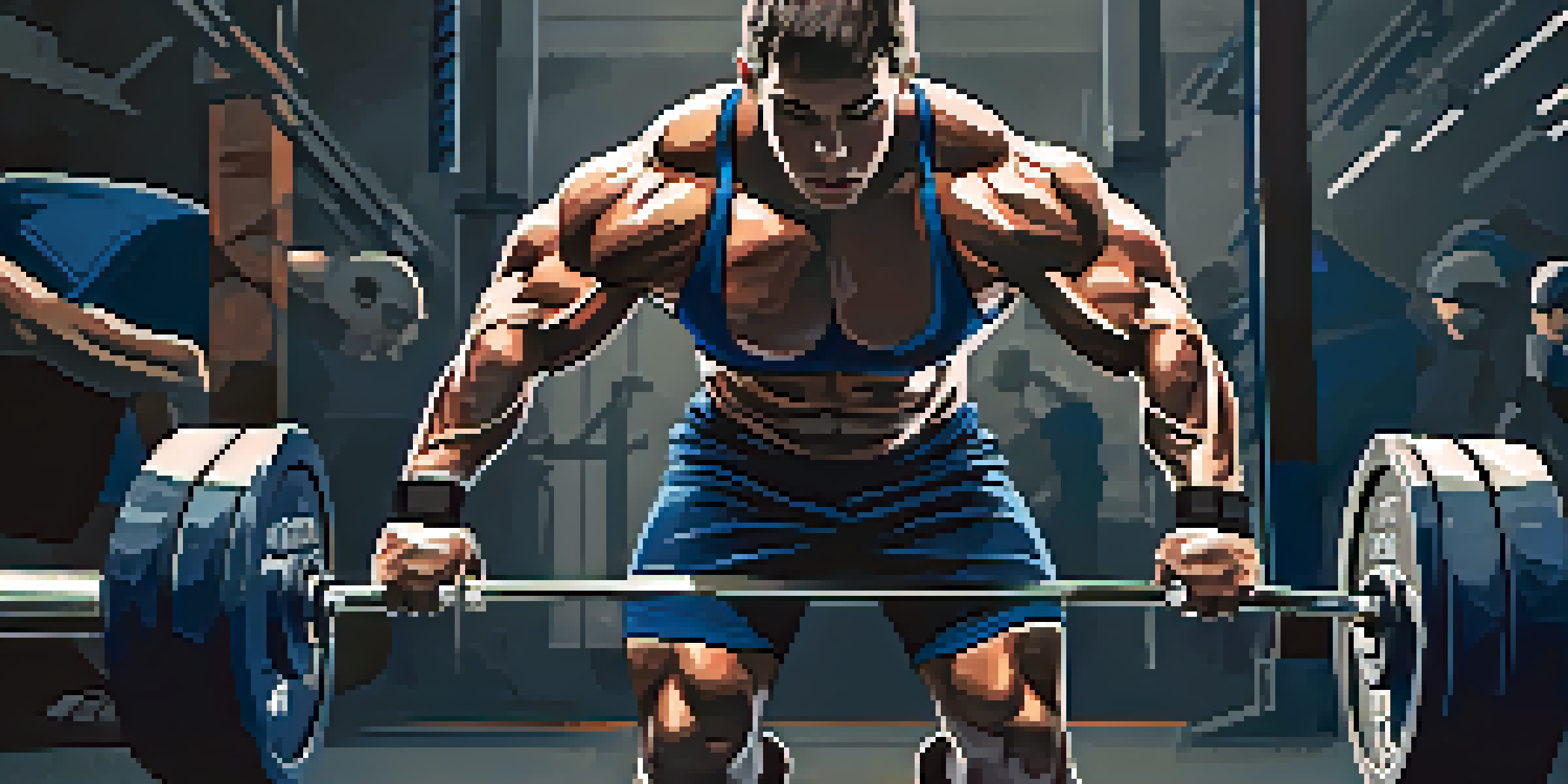 A focused powerlifting athlete performing a heavy deadlift in a gym with equipment and motivational posters in the background.