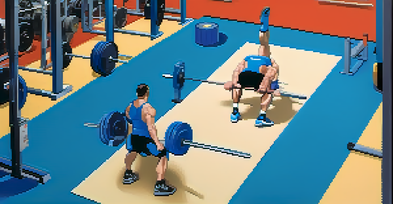 An overhead view of a powerlifter doing bodyweight squats on a blue gym mat, surrounded by powerlifting equipment.
