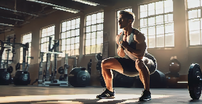 A dedicated athlete performing a squat in a gym, with sunlight illuminating the scene and gym equipment in the background.