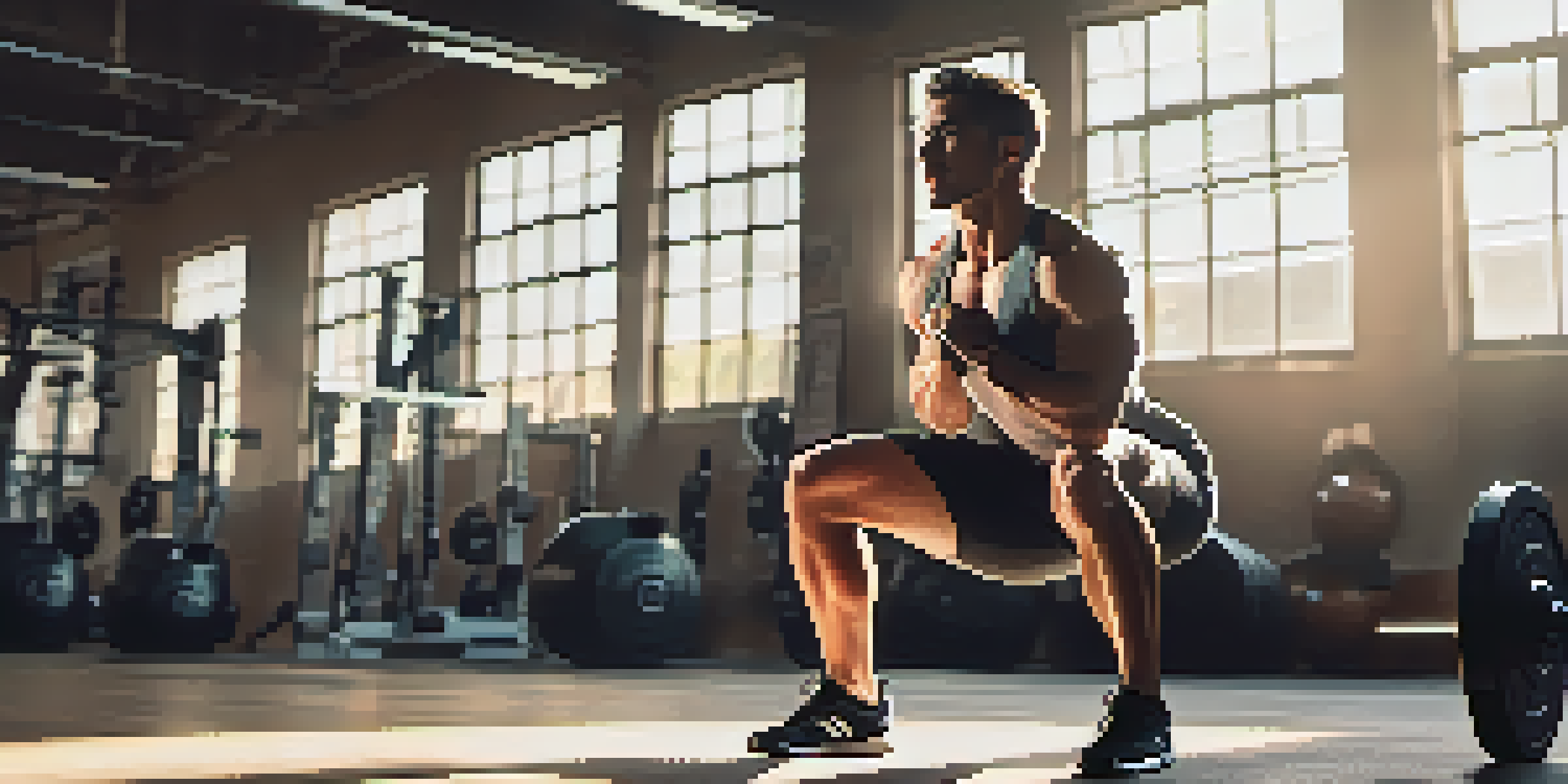 A dedicated athlete performing a squat in a gym, with sunlight illuminating the scene and gym equipment in the background.