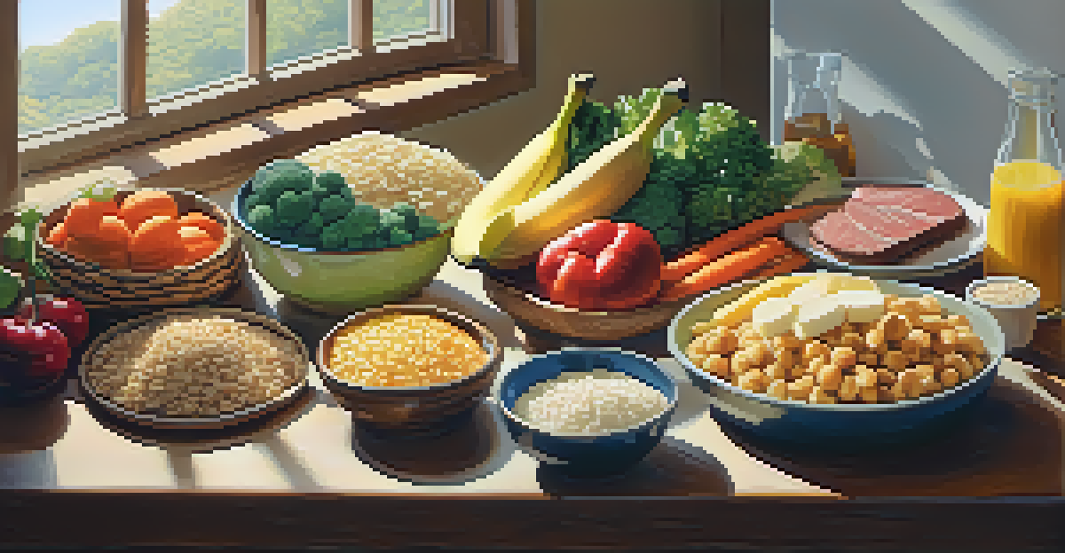 A variety of healthy foods arranged on a table, emphasizing nutrition for athletes.