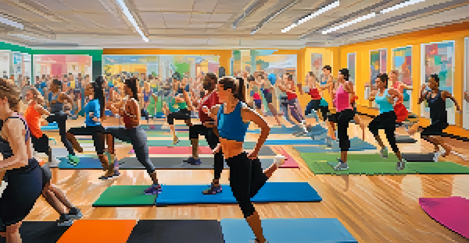 A group fitness class in action, with participants engaged in high-intensity exercises, showcasing energy and diversity.
