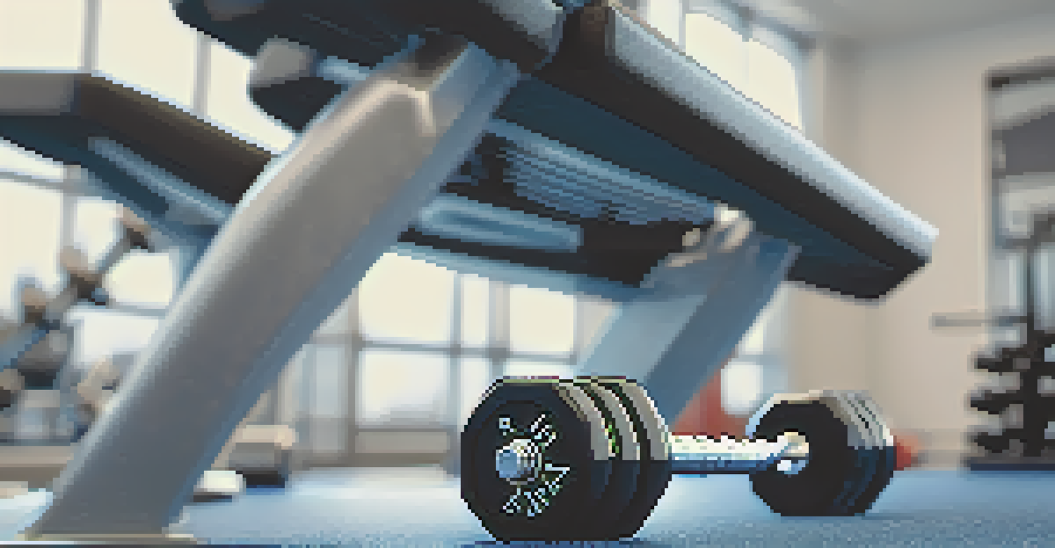 Close-up of dumbbells on an incline bench press with shiny metal reflecting light and motivational posters in the background.