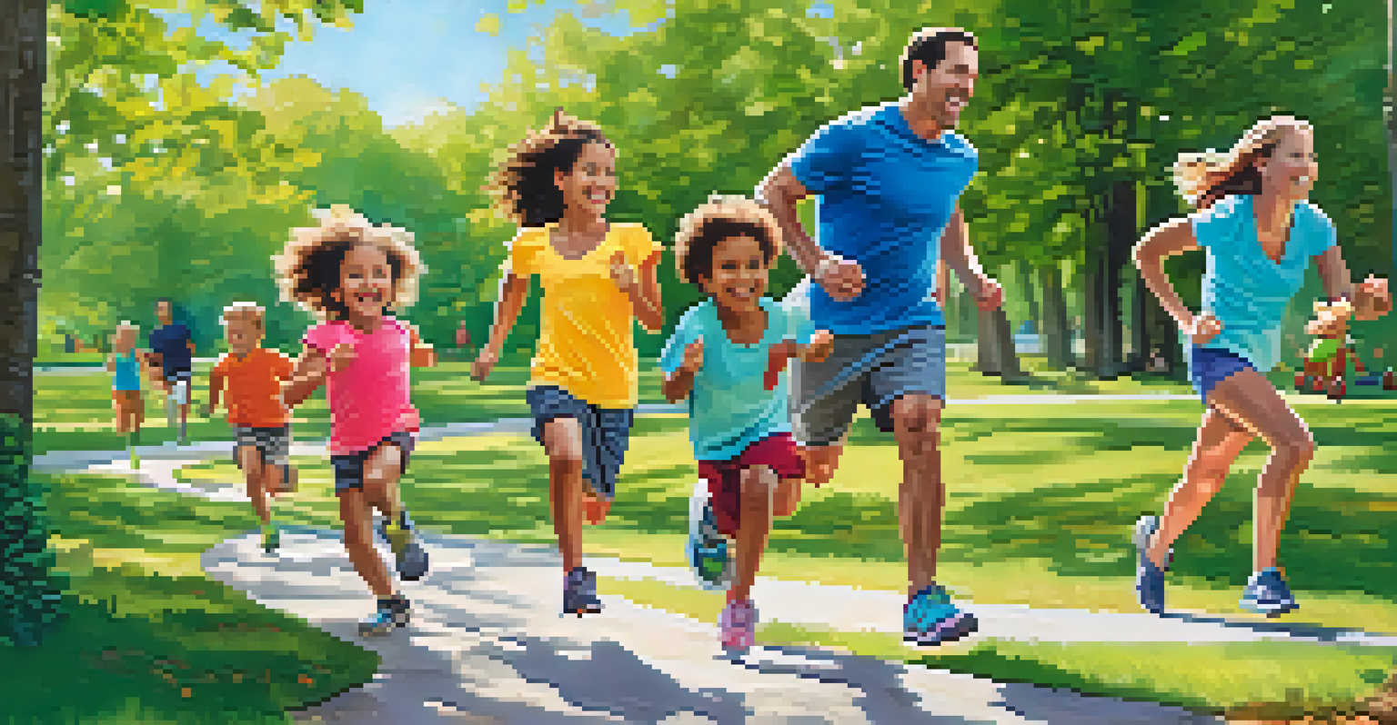 A family participating in a relay race in a park, showcasing joy and teamwork amidst a sunny outdoor setting.