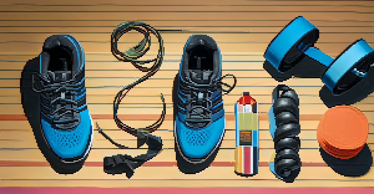 An arrangement of powerlifting wrist wraps, chalk, and lifting shoes on a textured gym floor, showcasing their colors and textures.