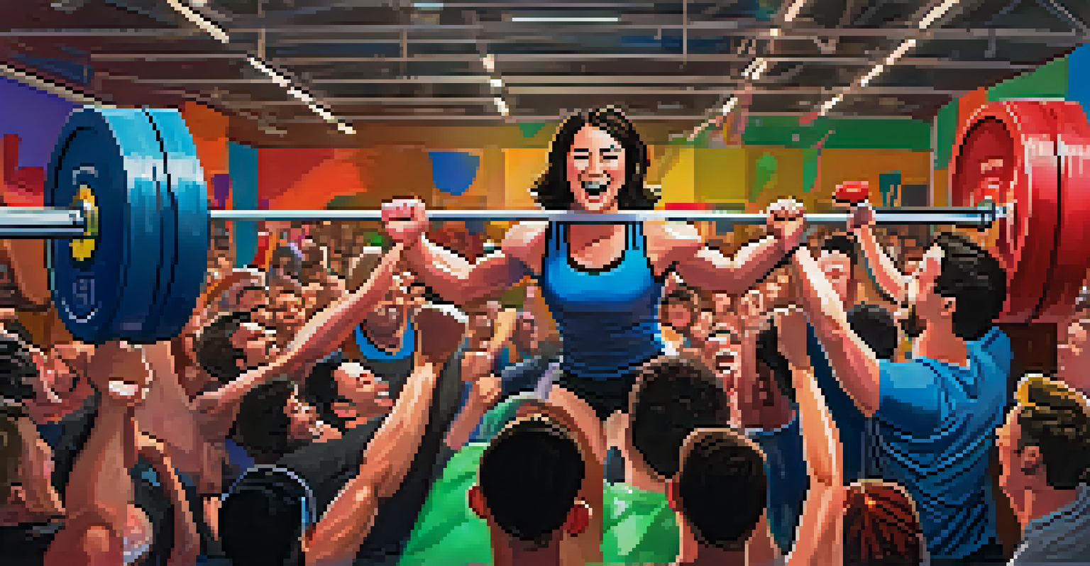 A group of powerlifters celebrating a member's personal record achievement in a gym.