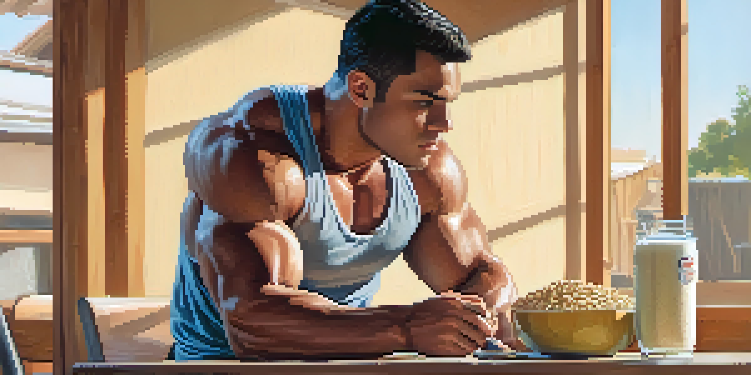 A powerlifter at a table with a nutritious pre-competition meal including oatmeal, nuts, a protein shake, and a banana, in a well-lit room.