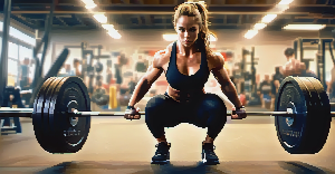 A determined female powerlifter performing a squat in a gym, focusing on her muscular form and lifting attire under bright lighting.