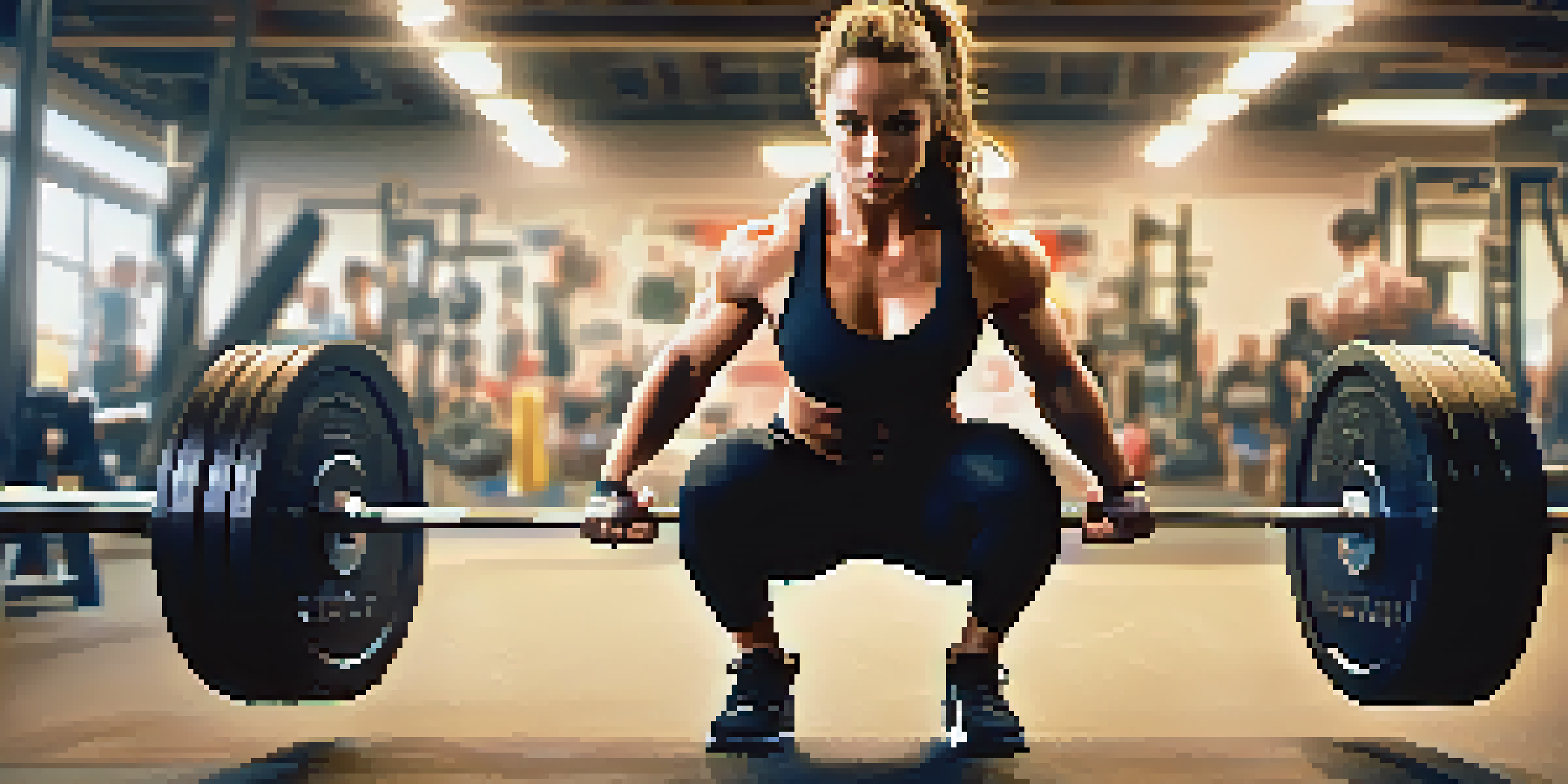 A determined female powerlifter performing a squat in a gym, focusing on her muscular form and lifting attire under bright lighting.