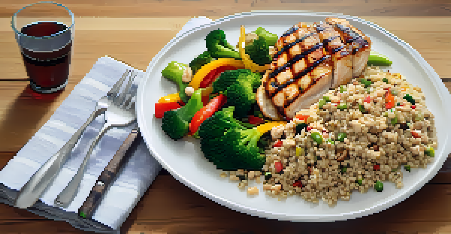 A close-up of a healthy protein-rich meal featuring grilled chicken, quinoa, and steamed vegetables on a wooden table.
