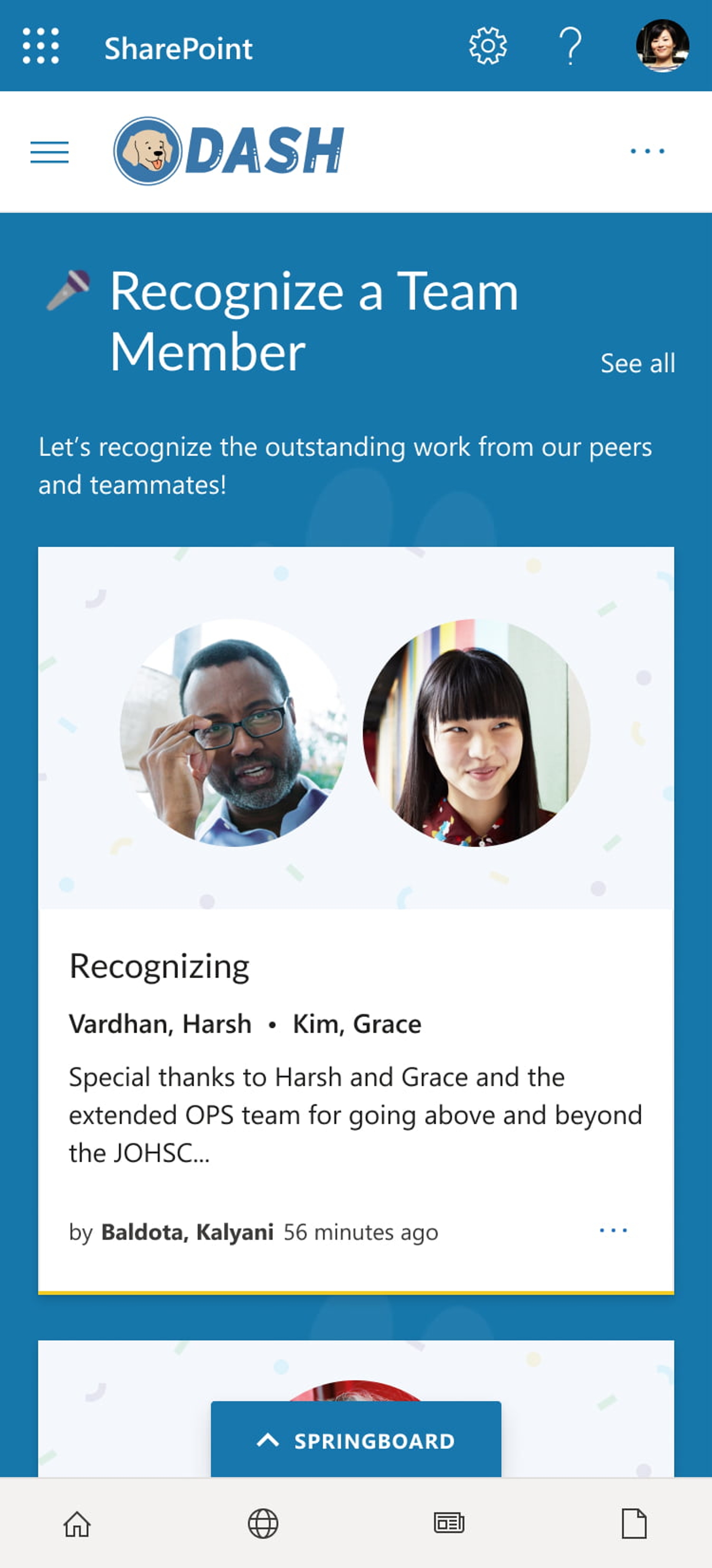 Mobile view of the recognition panel on RCDSO's intranet homepage, Dash, built on SharePoint.
