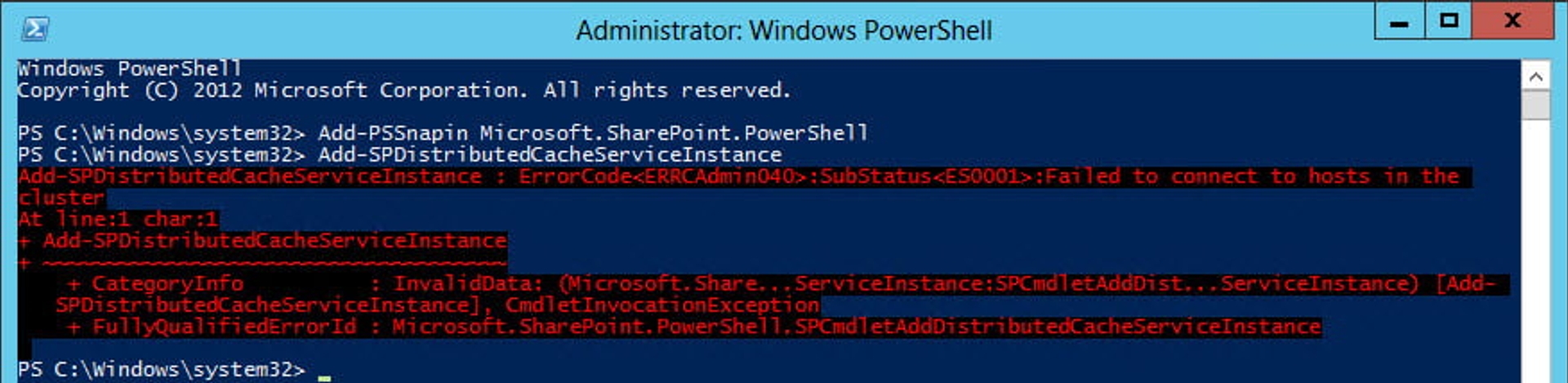 When you try to add a new Distributed Cache service instance, you get the exception 'Failed to connect to hosts in the cluster'