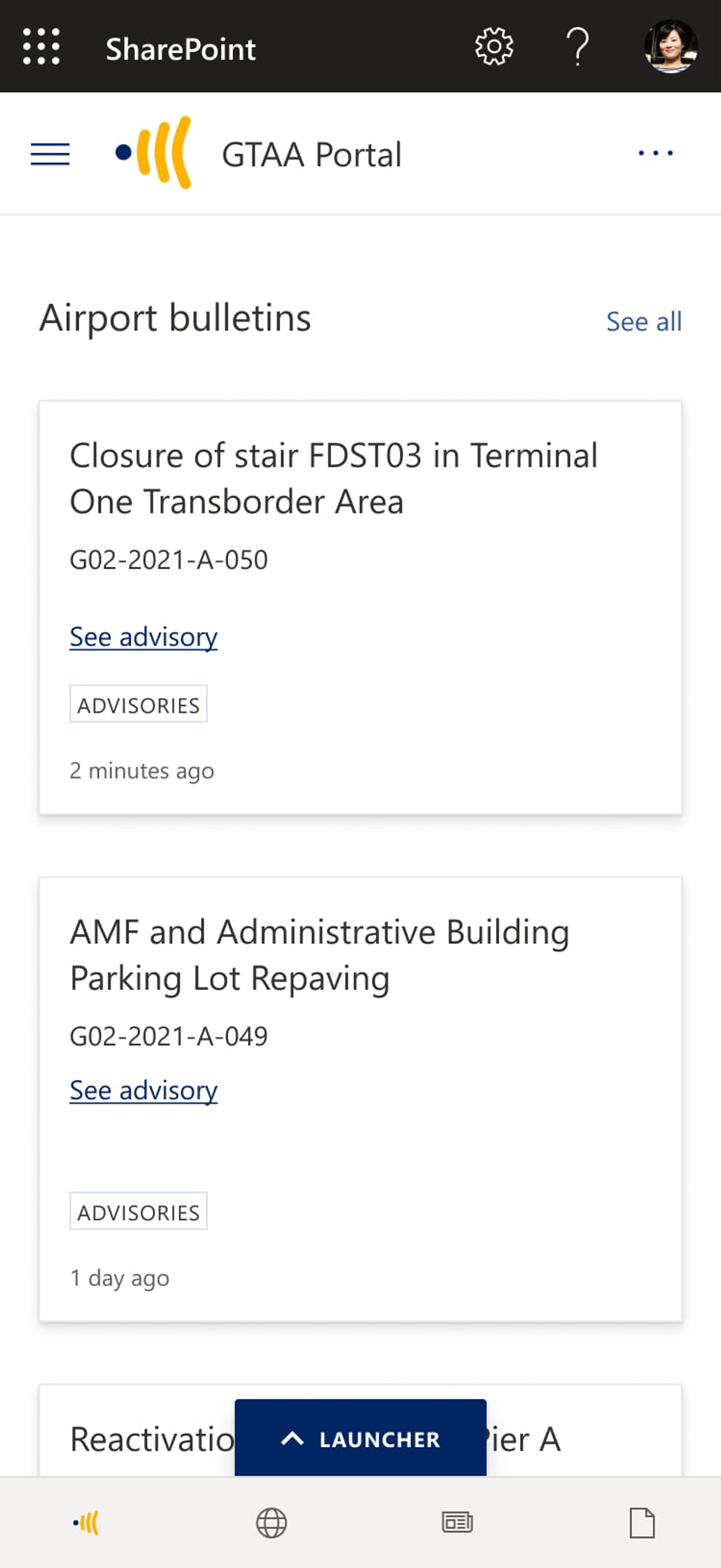 Screenshot of GTAA's intranet airport bulletins web part, built on GO.