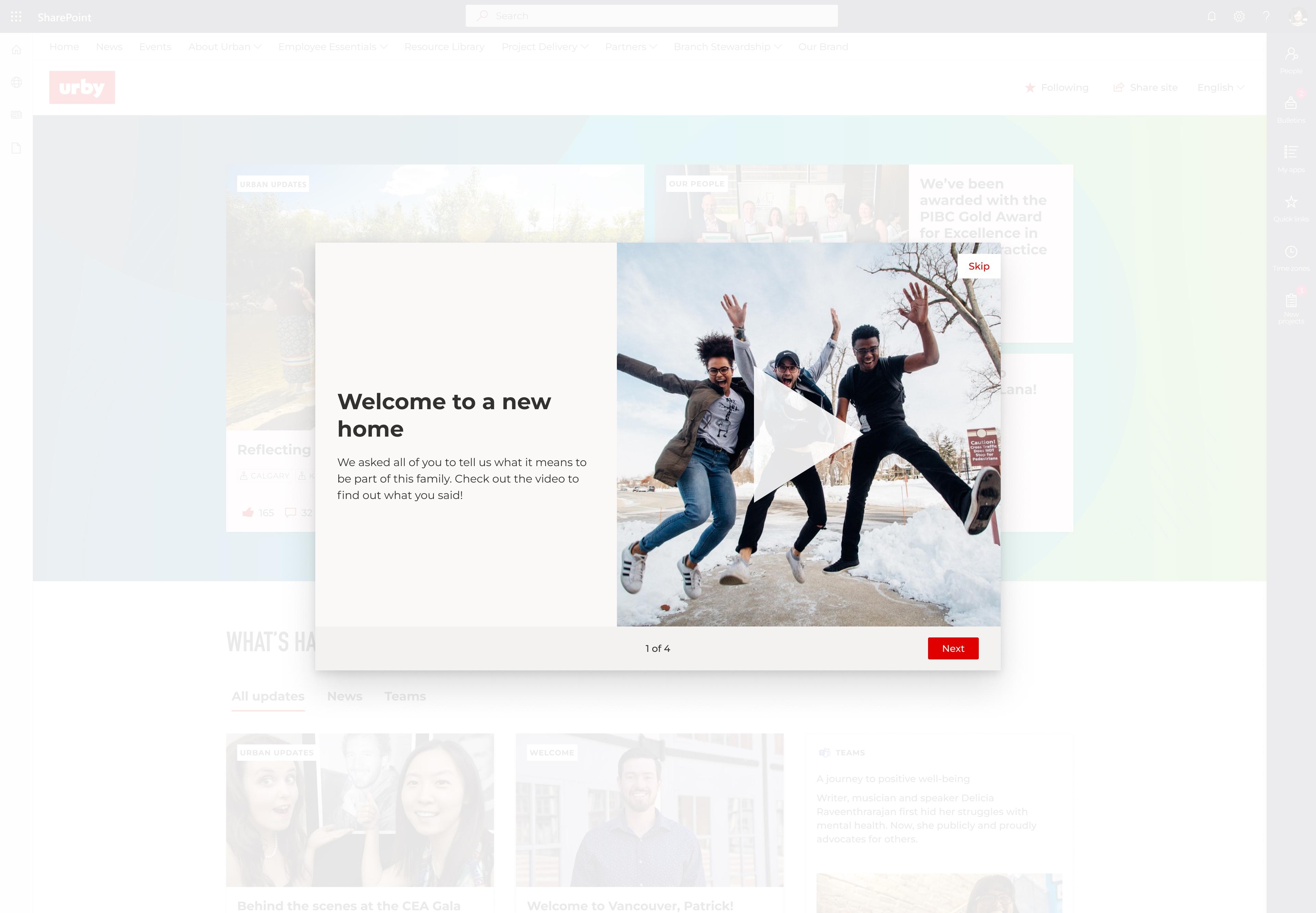 Desktop view of Urban System's intranet home page, showing the welcome modal feature, built on GO on SharePoint.