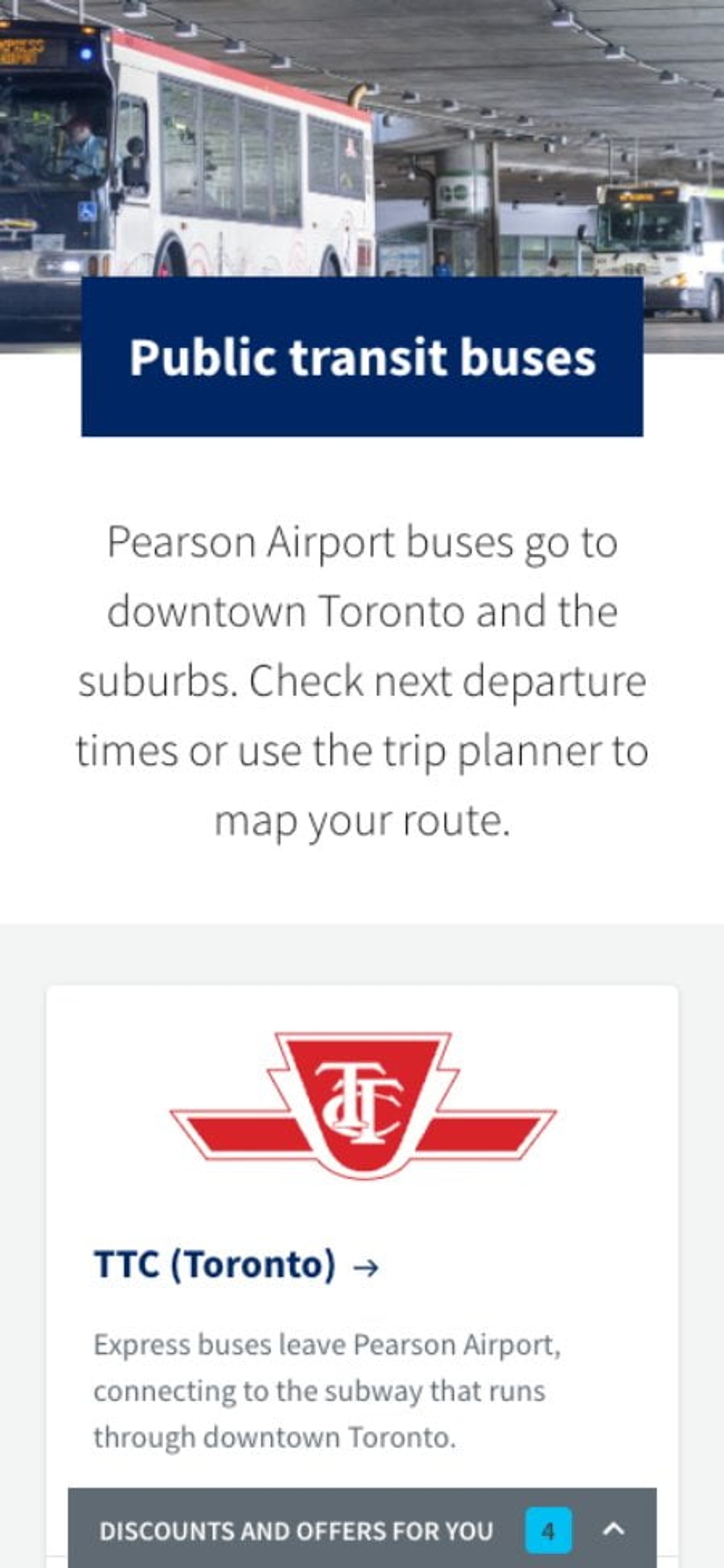 A desktop screenshot of the public transit page on TorontoPearson.com. Shows the timetable of buses that leave the airport.