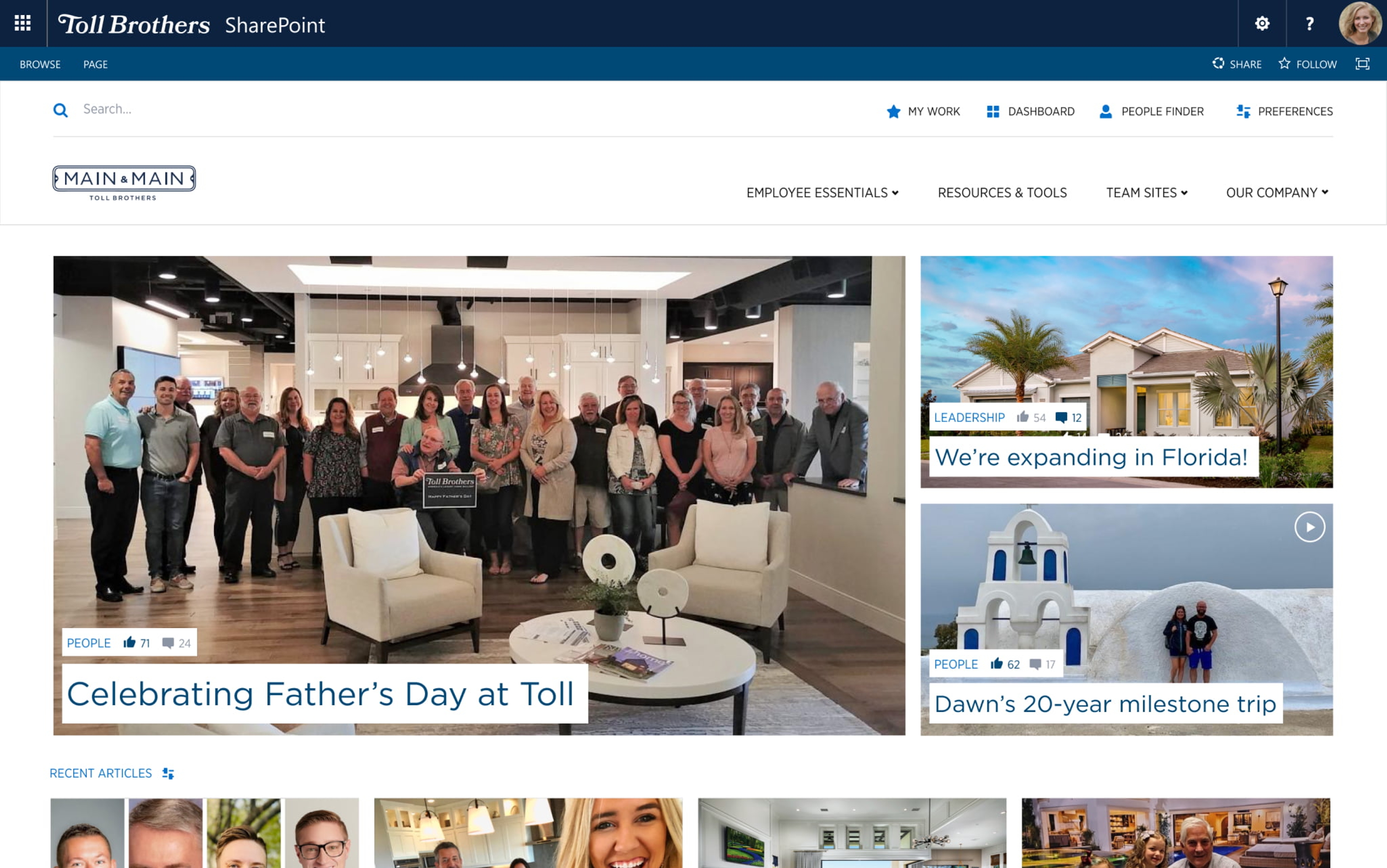 Mock-up of the home page from Toll Brother's intranet.