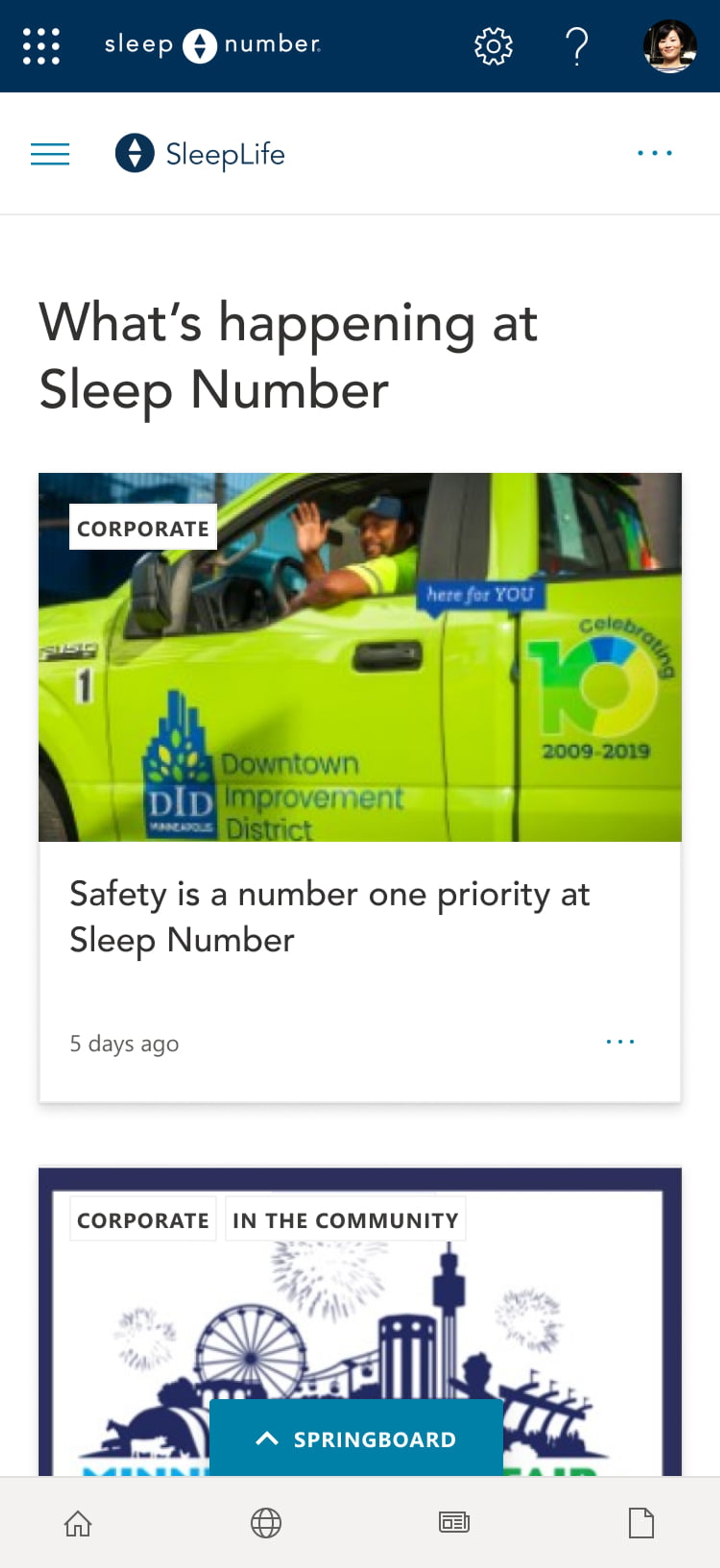 Screenshot of the mobile version of Sleep Number's modern intranet, built on GO.