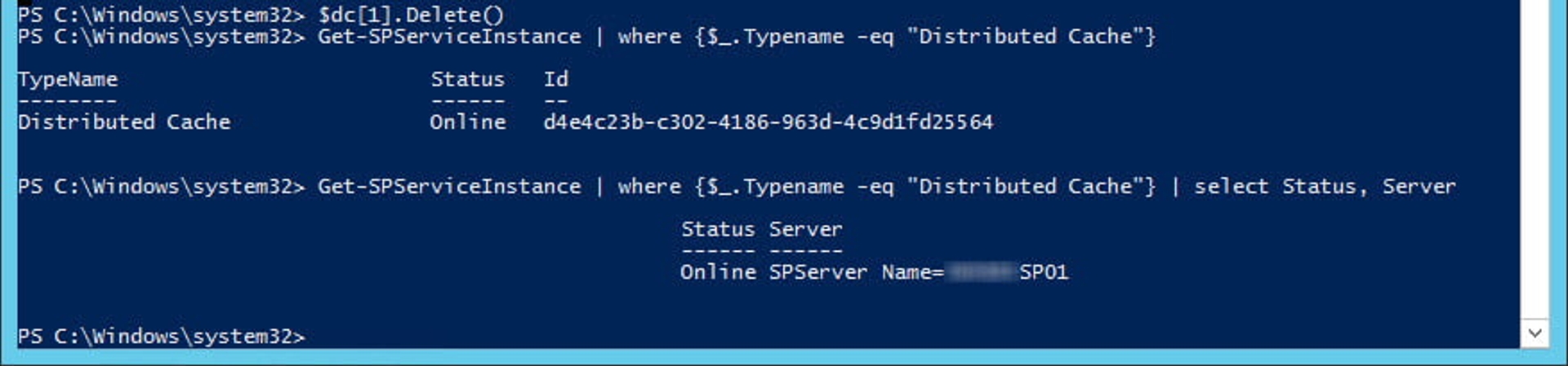 Deleting the disabled Distributed Cache service instance