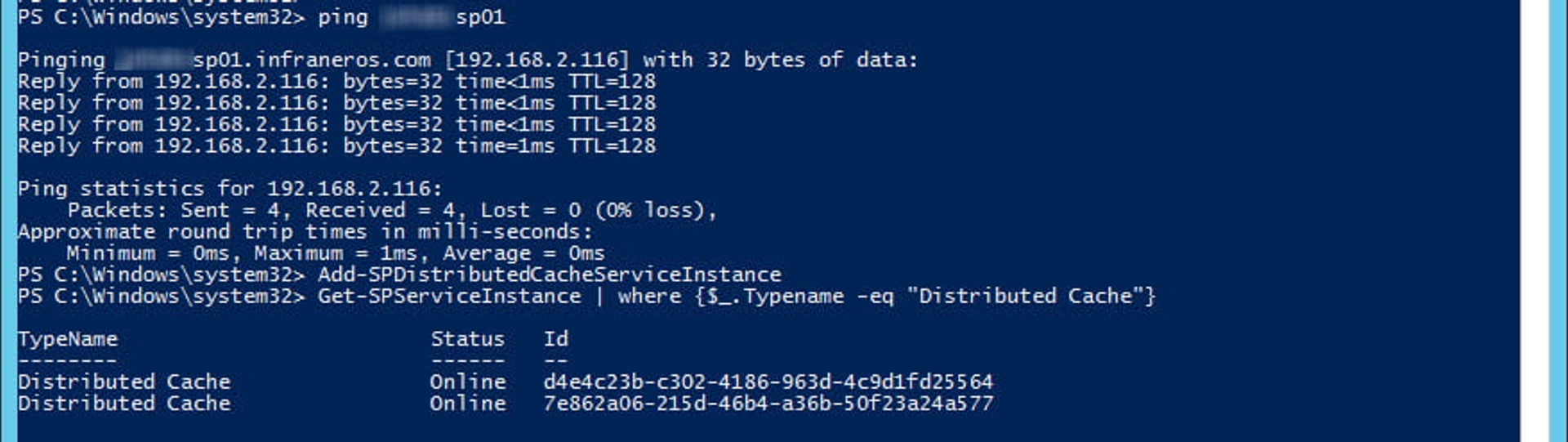 Now with allowing ICMP we can ping and add the Distributed Cache service instance