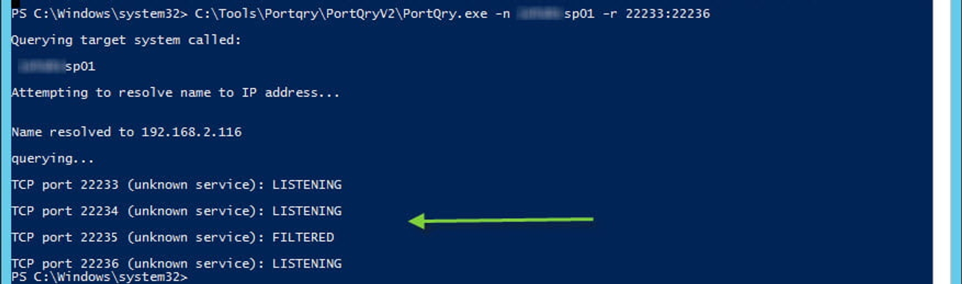 Using Microsoft's Portqry tool we see the ports for Distributed Cache on the first server are open and listening