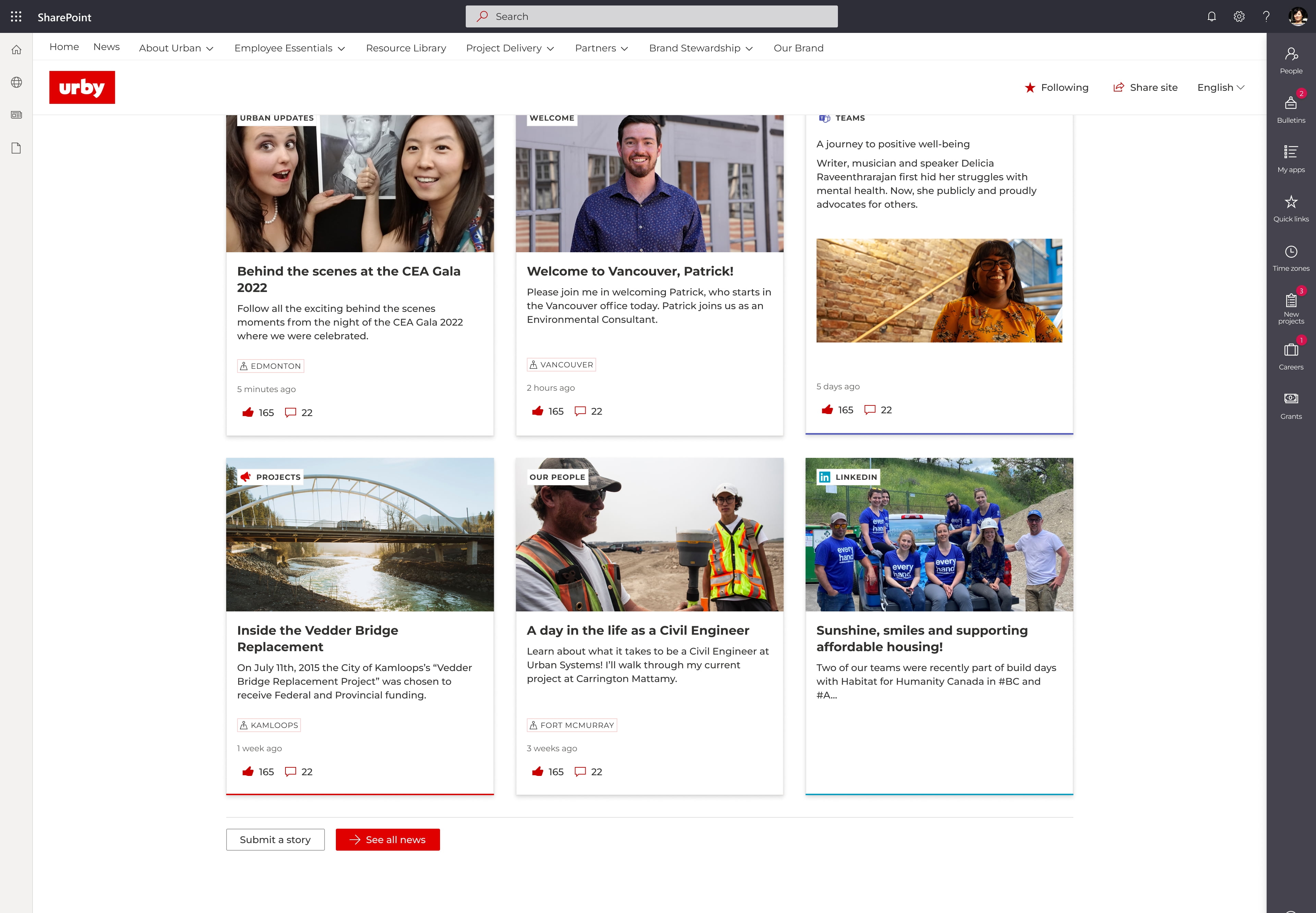 Desktop view of Urban System's intranet home page, showing the submit a story feature, built on GO on SharePoint.