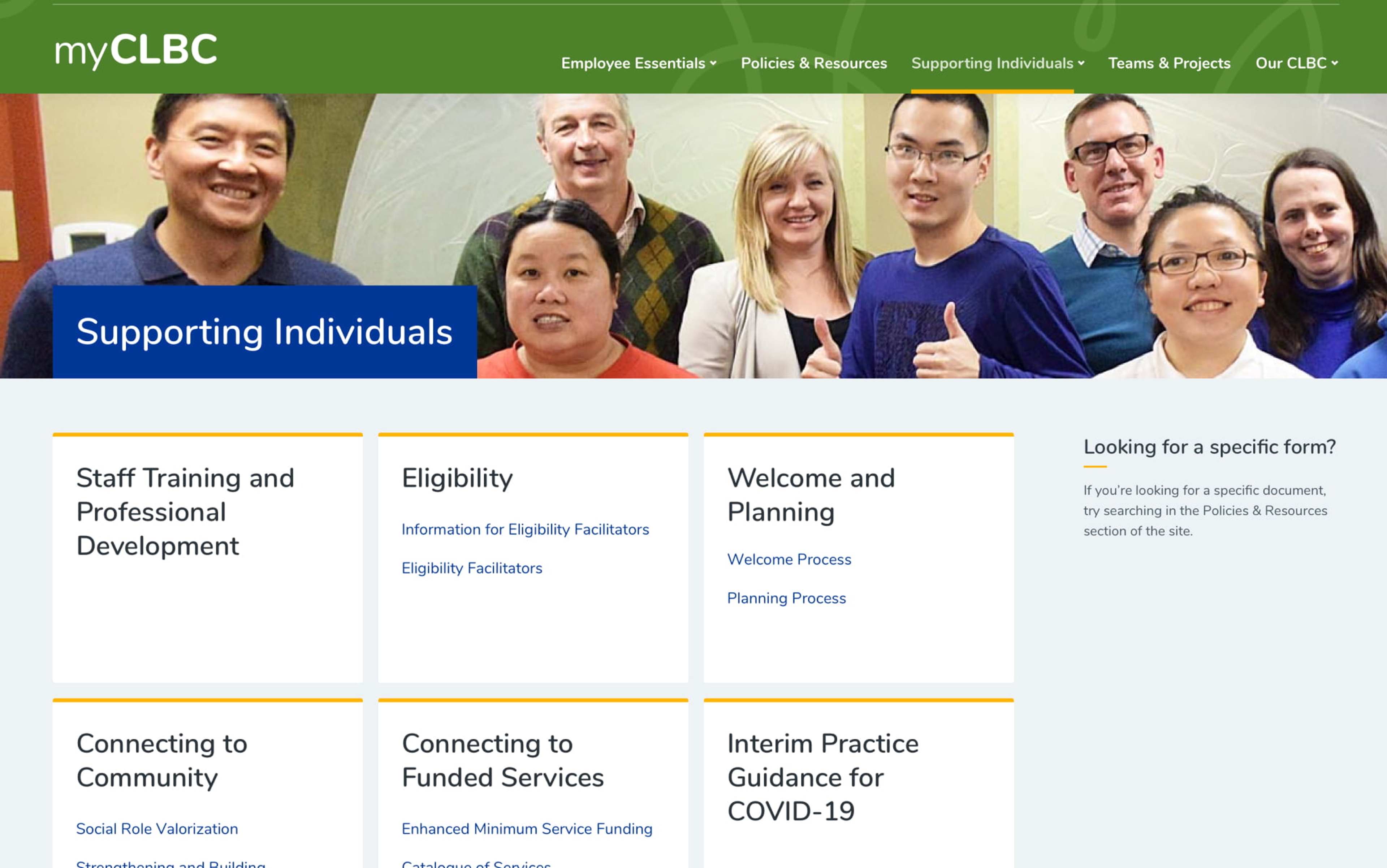 Desktop mock-up of the 'supporting individuals' page on CLBC's intranet.