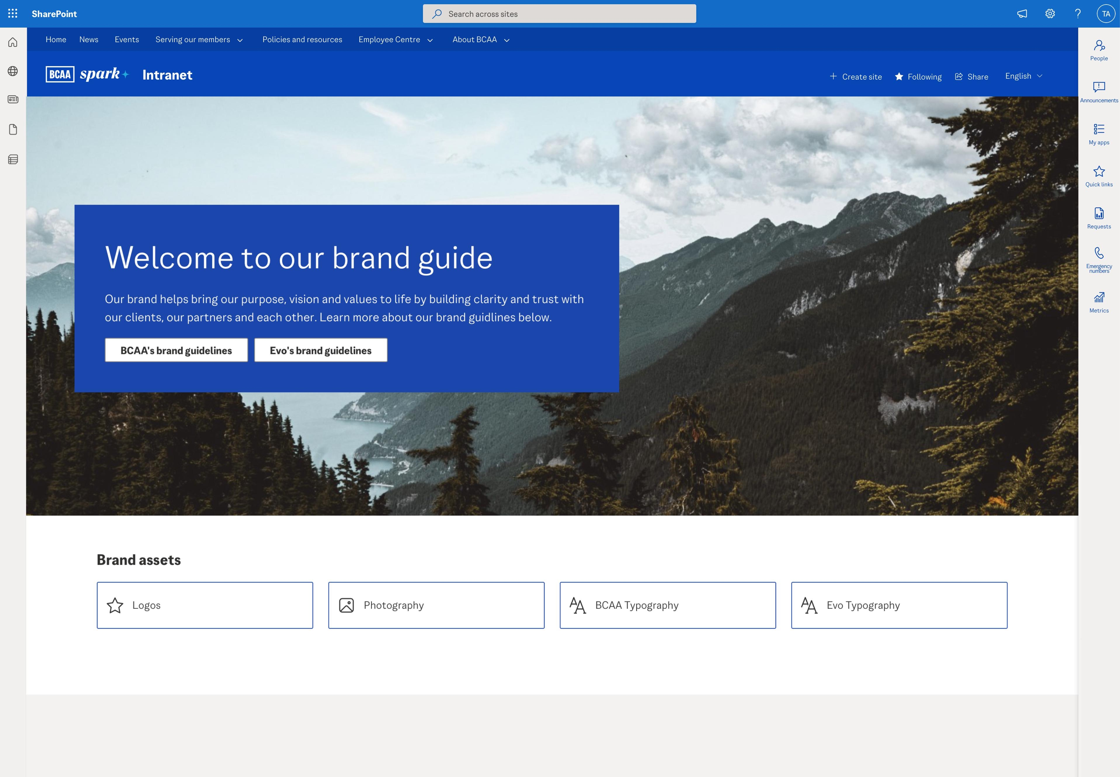 Screenshot of BCAA's intranet, Spark, showing their brand portal.