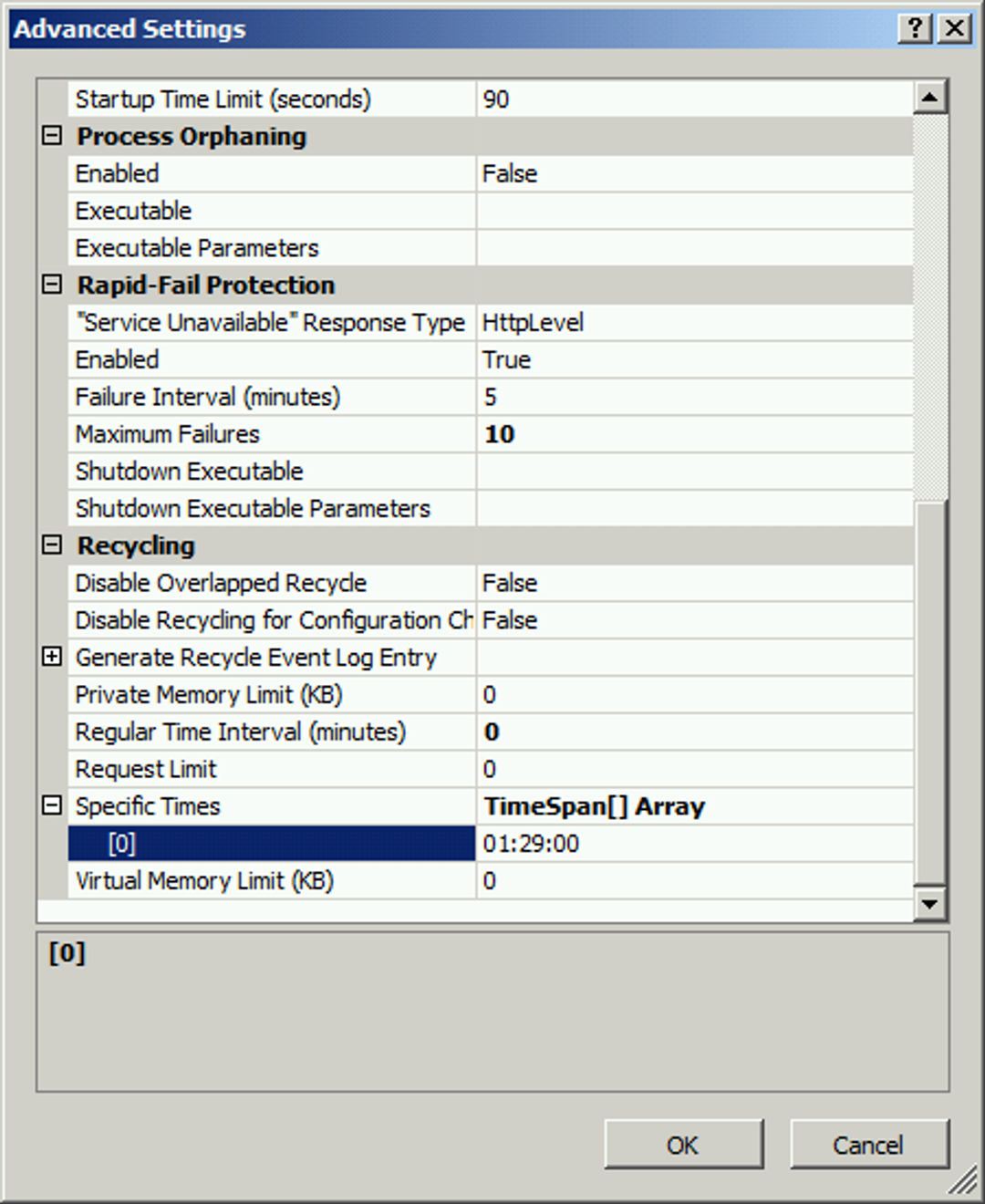 A screenshot showing the default specific times the application pool will recycle. In this case the application pool recycles at 1:29 AM.