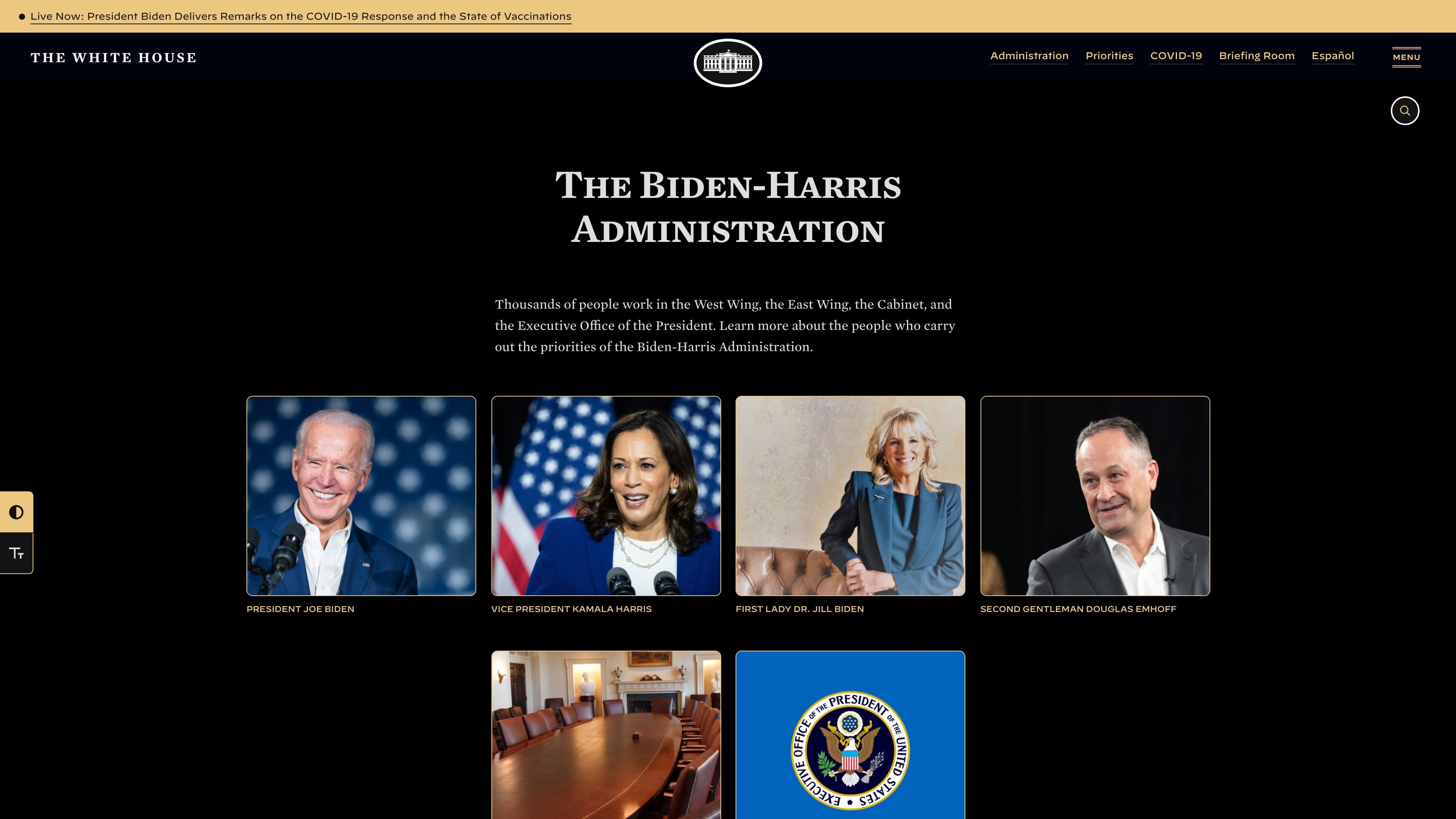 A screenshot of the new White House website, with a very dark grey background