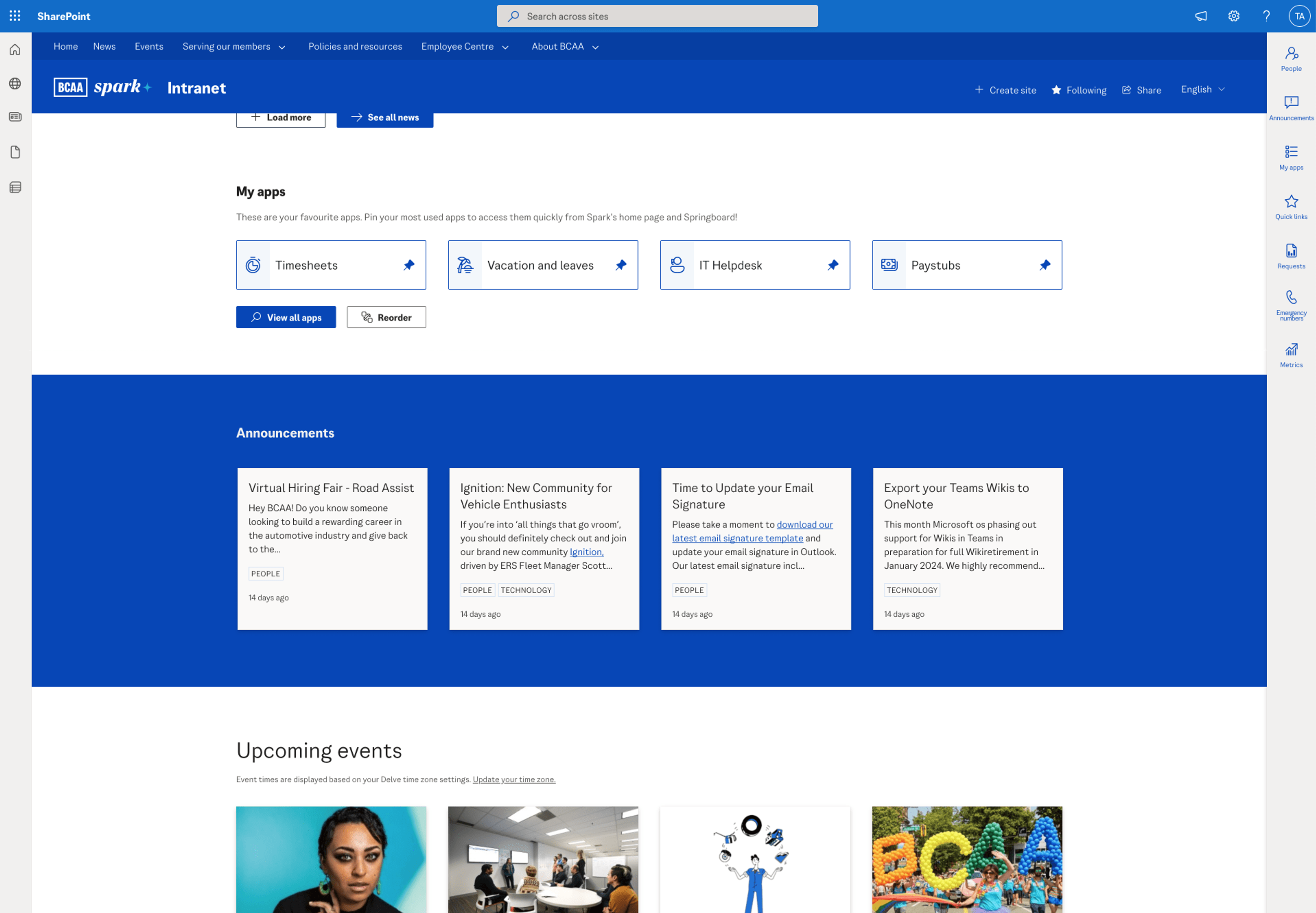 Screenshot of BCAA's intranet, Spark, showing the my apps, announcements and upcoming events web parts.