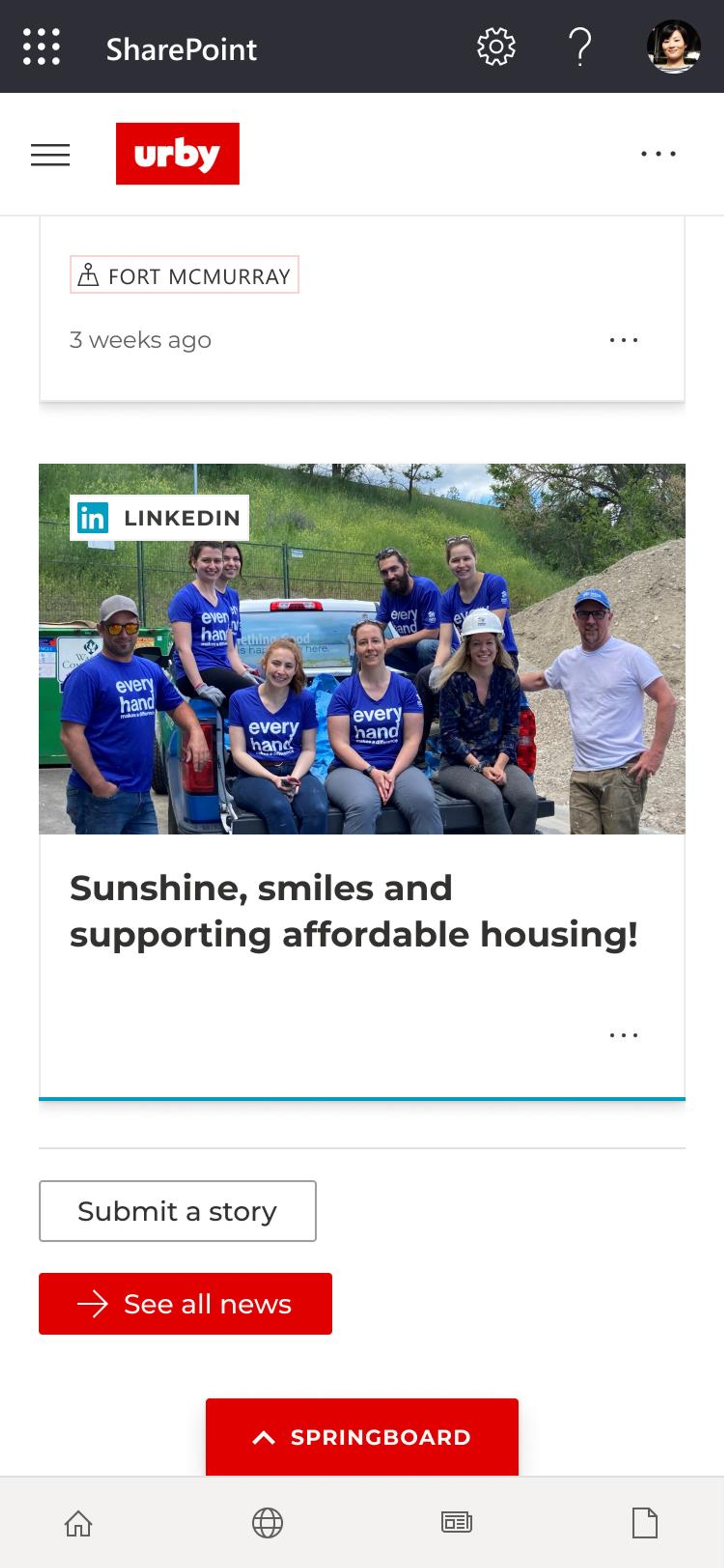 Mobile view of Urban System's intranet home page, showing the submit a story feature, built on GO on SharePoint.
