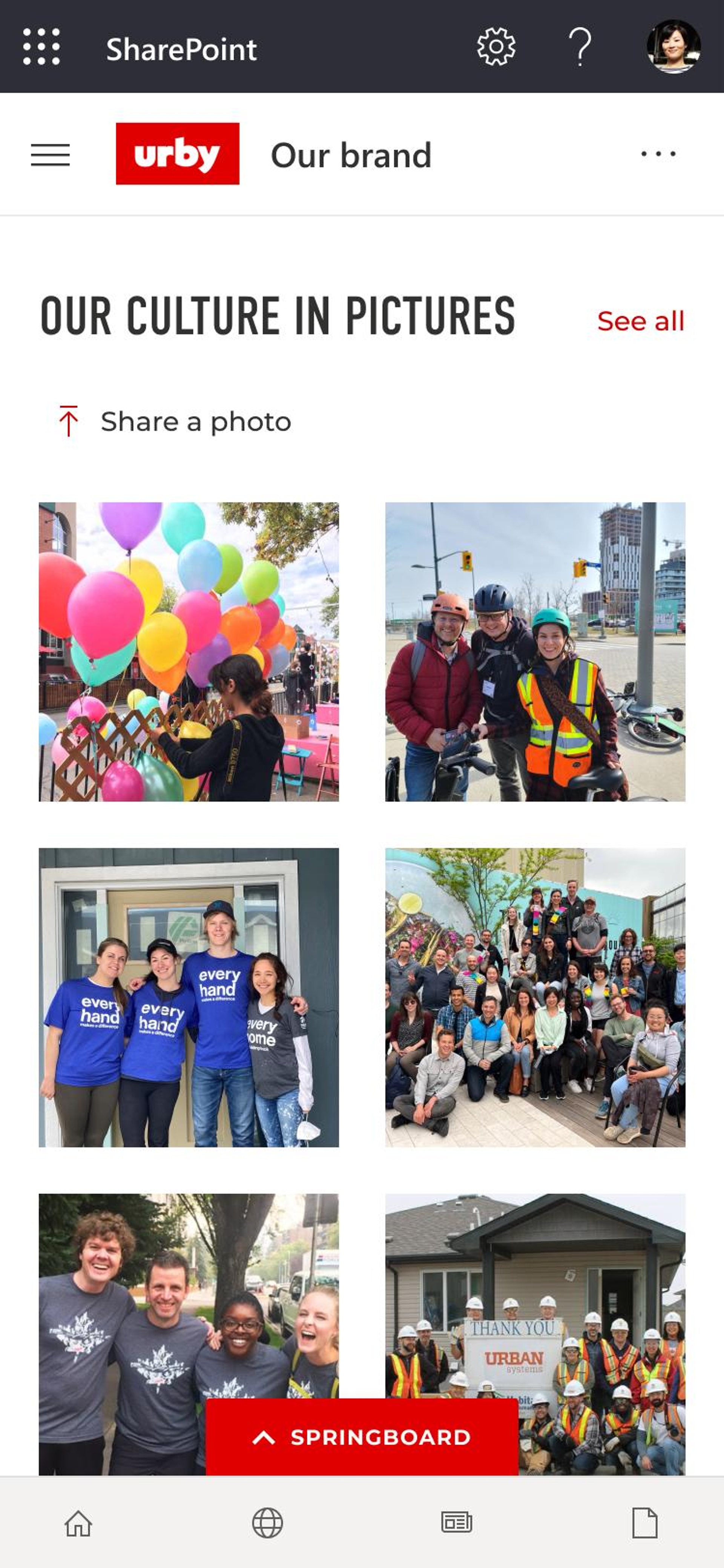 Mobile view of Urban System's intranet home page, showing the user submitted photos feature, built on GO on SharePoint.